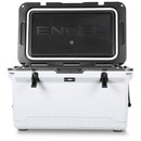 The ENGEL 60QT UltraLite Injection-Molded Cooler with Wire Basket and Divider by Engel Coolers is shown with the lid open, revealing a spacious black interior. The "ENGEL" logo is prominently displayed on the inside of the lid. Crafted through advanced injection molding, two black latches on the front ensure it’s a high-performance cooler for any adventure.