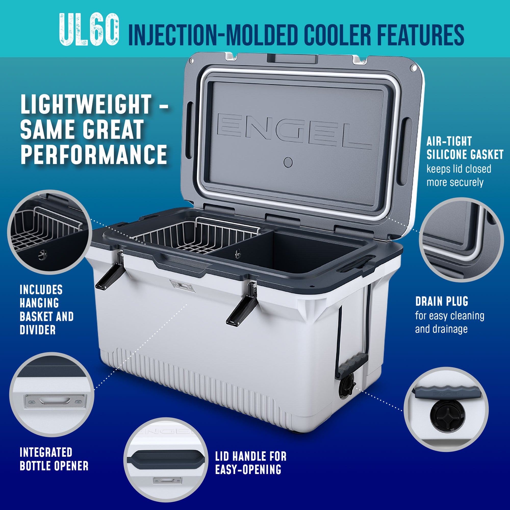Engel 60Qt UltraLite Injection-Molded Cooler w/ Wire Basket & Divider