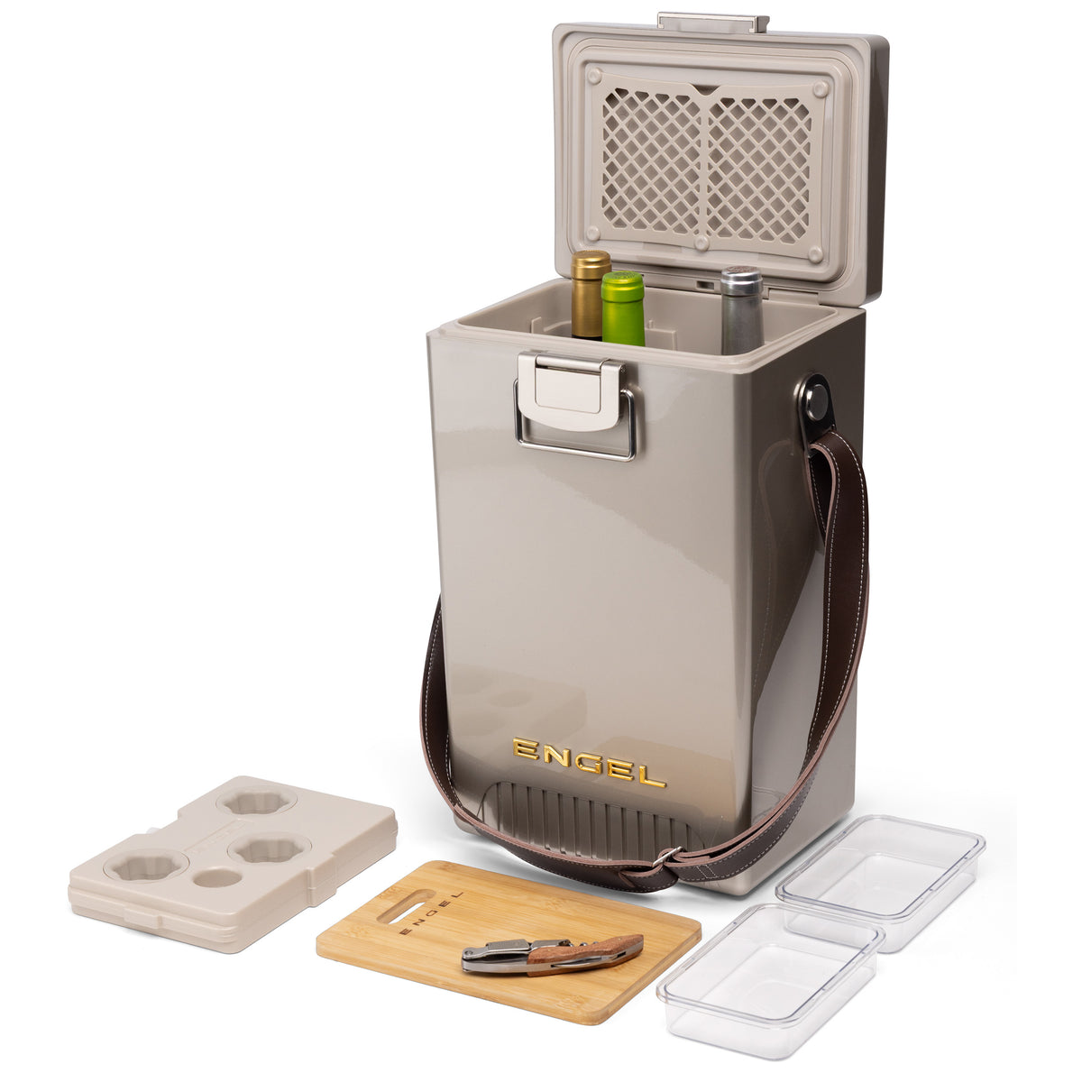 Engel Reserve Premium Wine Cooler, a tall, rectangular insulated wine tote with an open lid containing three wine bottles, a cutting board, a corkscrew, two small plastic containers, and a molded tray.