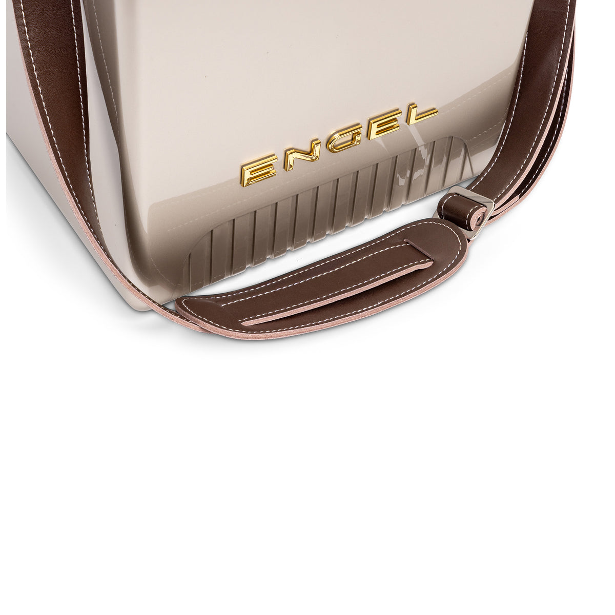 Beige hard-shell Engel Reserve Premium Wine Cooler with a gold logo and a brown adjustable shoulder strap.