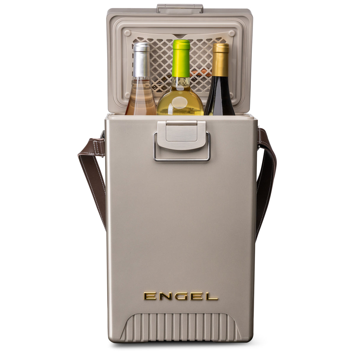 Tall, taupe Engel Reserve Premium Wine Cooler with an open lid, holding three wine bottles and featuring a shoulder strap.