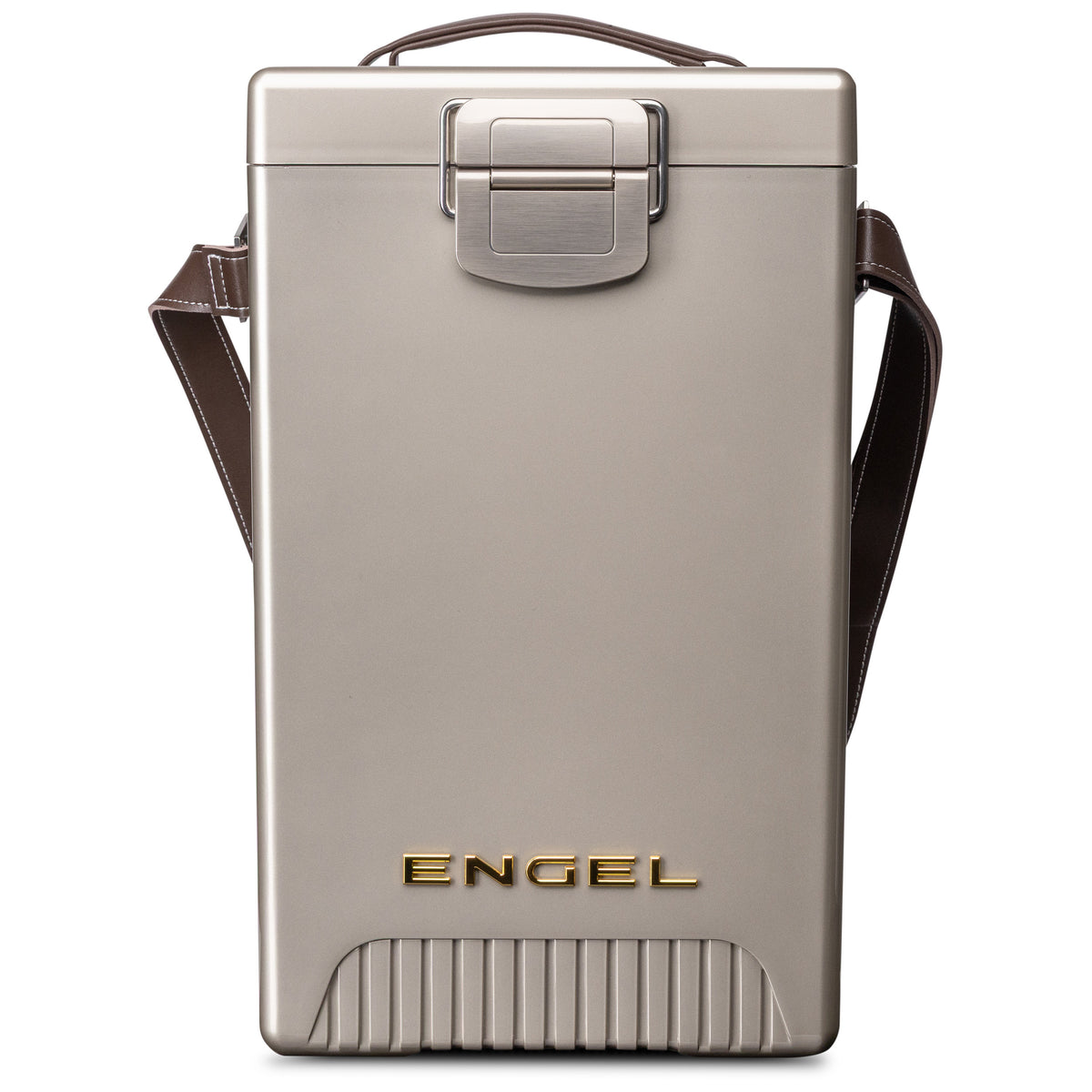Tall, rectangular metallic Engel Reserve Premium Wine Cooler with a top carry handle, a shoulder strap, and a front locking latch designed for all-day cold retention.