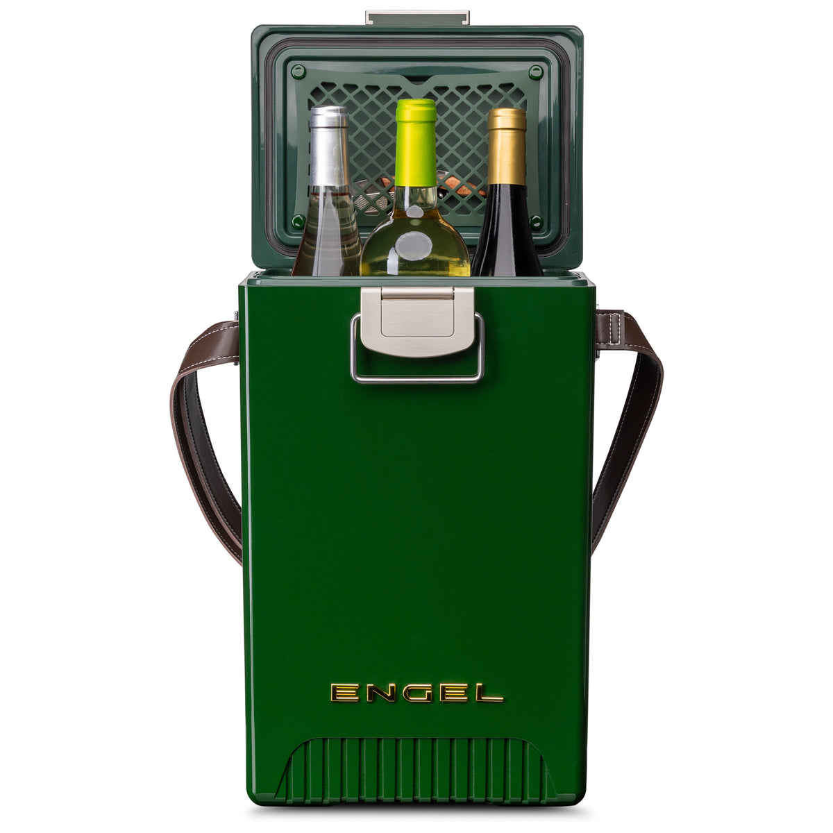 Dark green upright Engel Reserve Premium Wine Cooler containing three bottles of wine, with a metal latch and brown carrying straps.