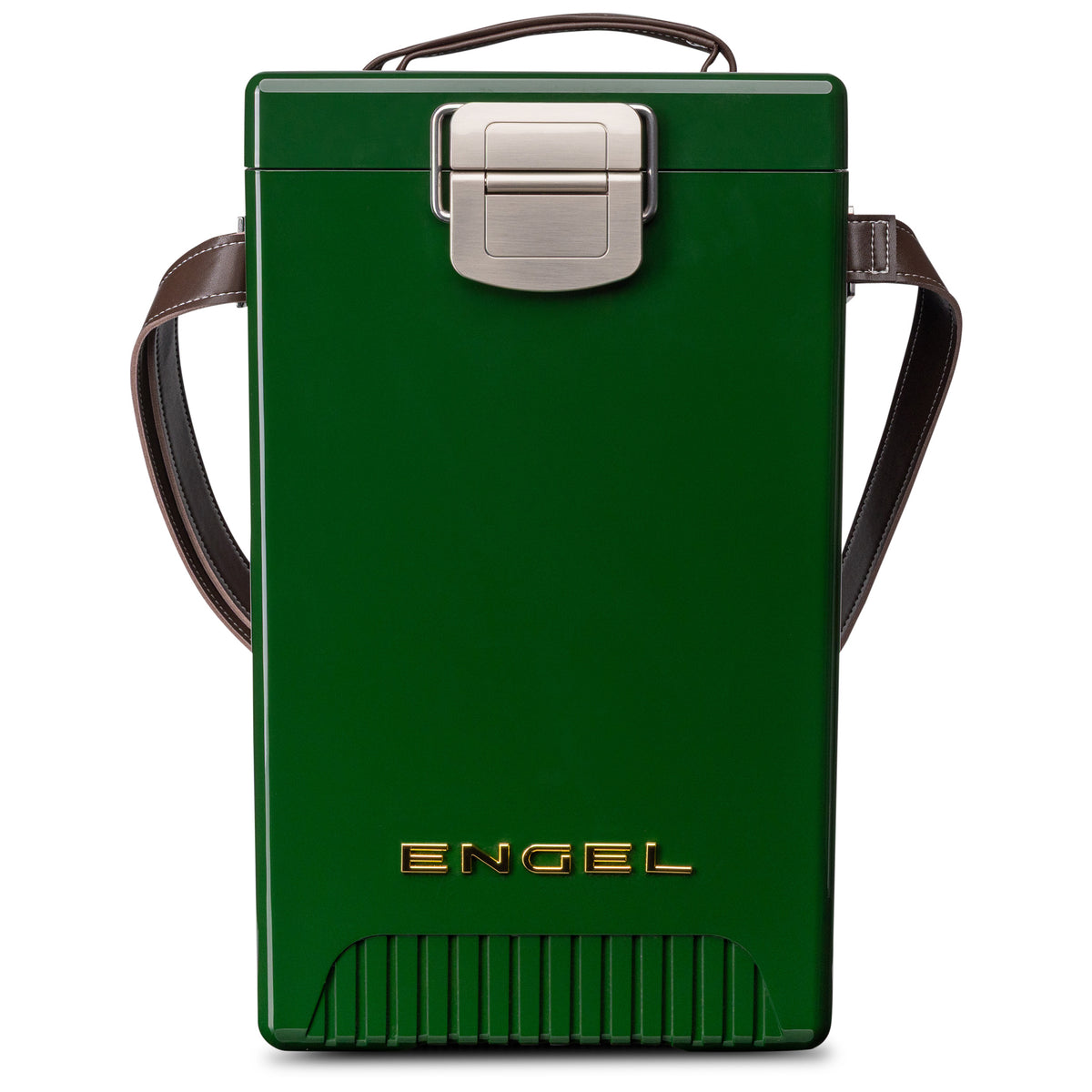 Dark green, rectangular Engel Reserve Premium Wine Cooler with a silver metal latch, a leather shoulder strap, and a gold logo on the front.