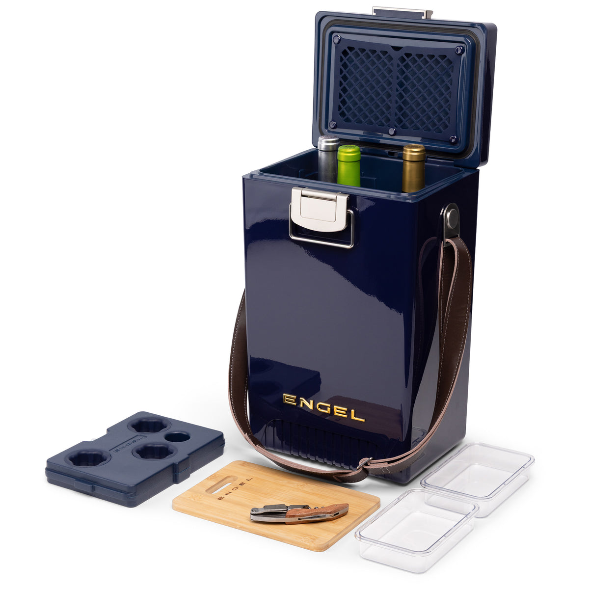 A dark blue Engel Reserve Premium Wine Cooler with an open lid containing three wine bottles, an insulated wine tote, a drink tray, a wooden cutting board, a wine opener, and two clear containers.