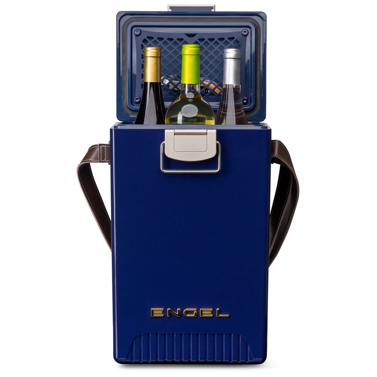 Deep blue rectangular Engel Reserve Premium Wine Cooler with an open lid, shoulder strap, and three wine bottles inside.