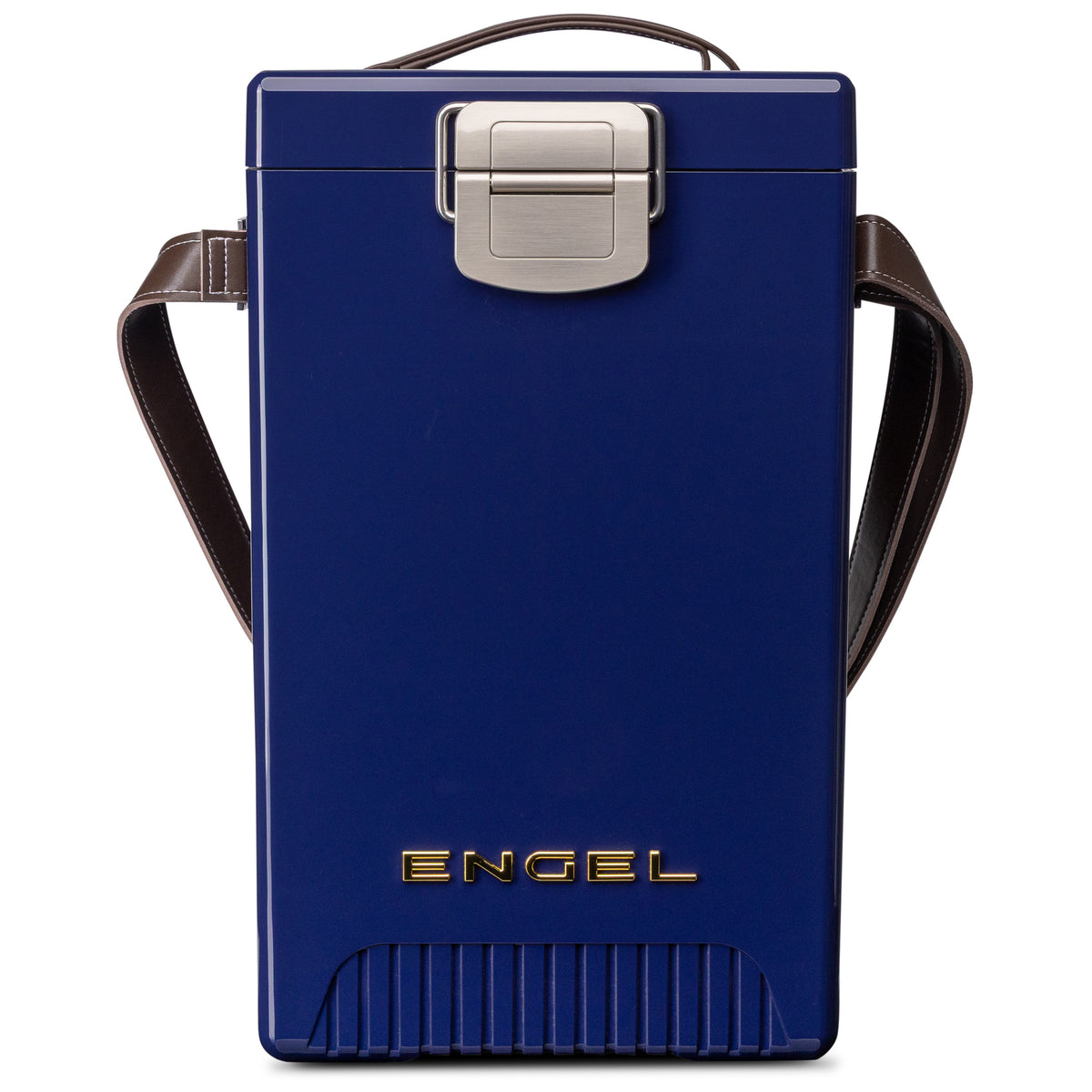 An Engel Reserve Premium Wine Cooler, featuring a rectangular navy blue design with a top handle, shoulder strap, and a metal latch.