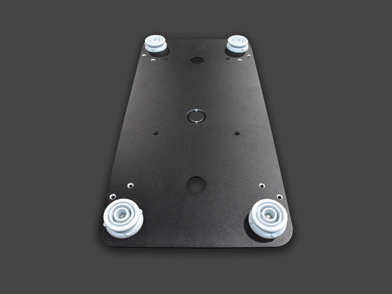 Black ENGEL Slide Adapter Plate with four caster wheels on a gray background.