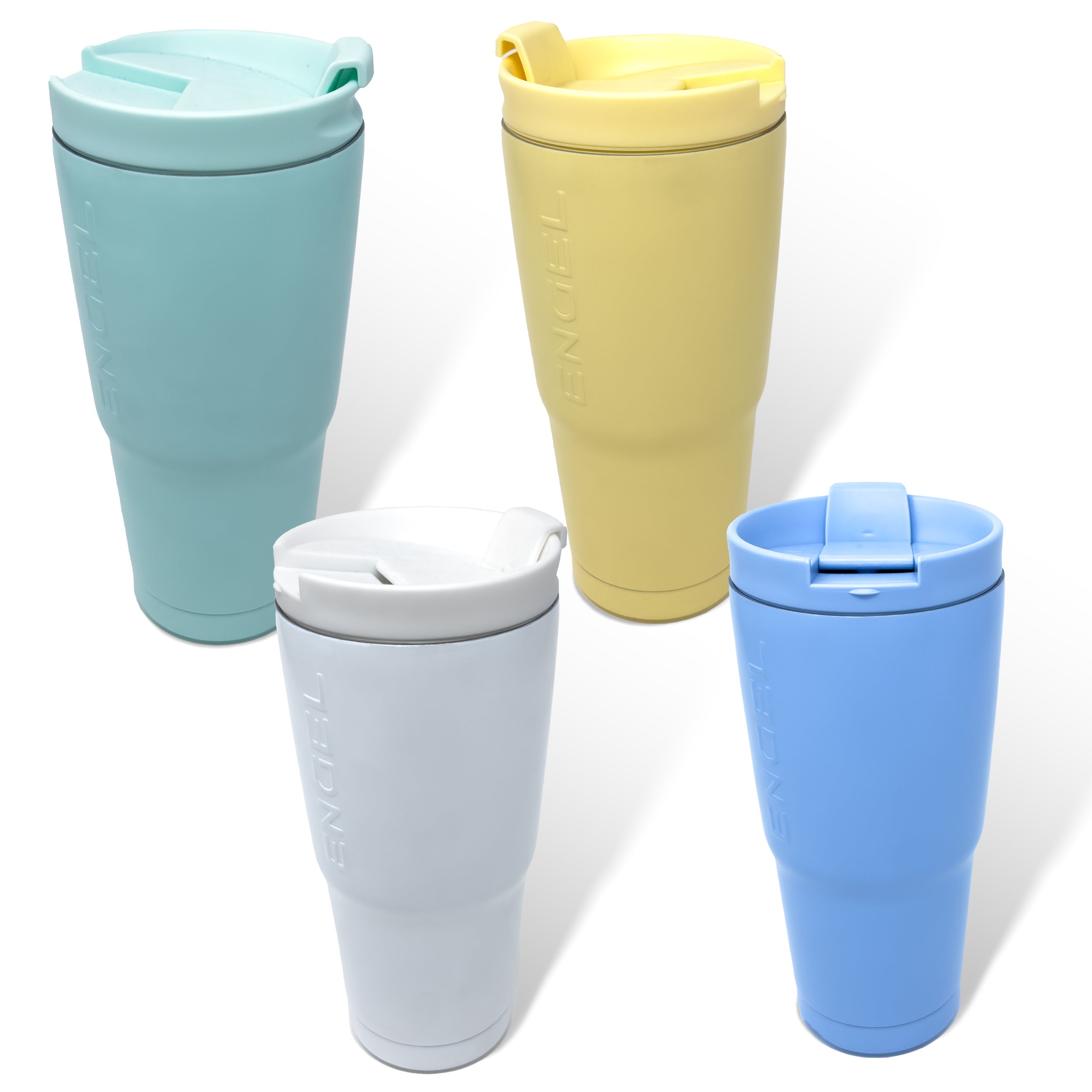 A quartet of vacuum-insulated travel mugs in pastel shades—mint green, yellow, white, and blue—each featuring a flip-top lid and showcasing a sleek stainless steel design from Engel Coolers' 22oz Stainless Steel Vacuum Insulated Tumblers Color Collection. Elegantly arranged on a white background, these mugs are the ideal additions to your collection.