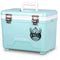 Image of a mint green Engel Coolers "Live Original" Deer Decal with a white handle and metal latches. The cooler features a white stripe near the top and an original deer decal logo in black, showcasing a mountain and deer antlers design.