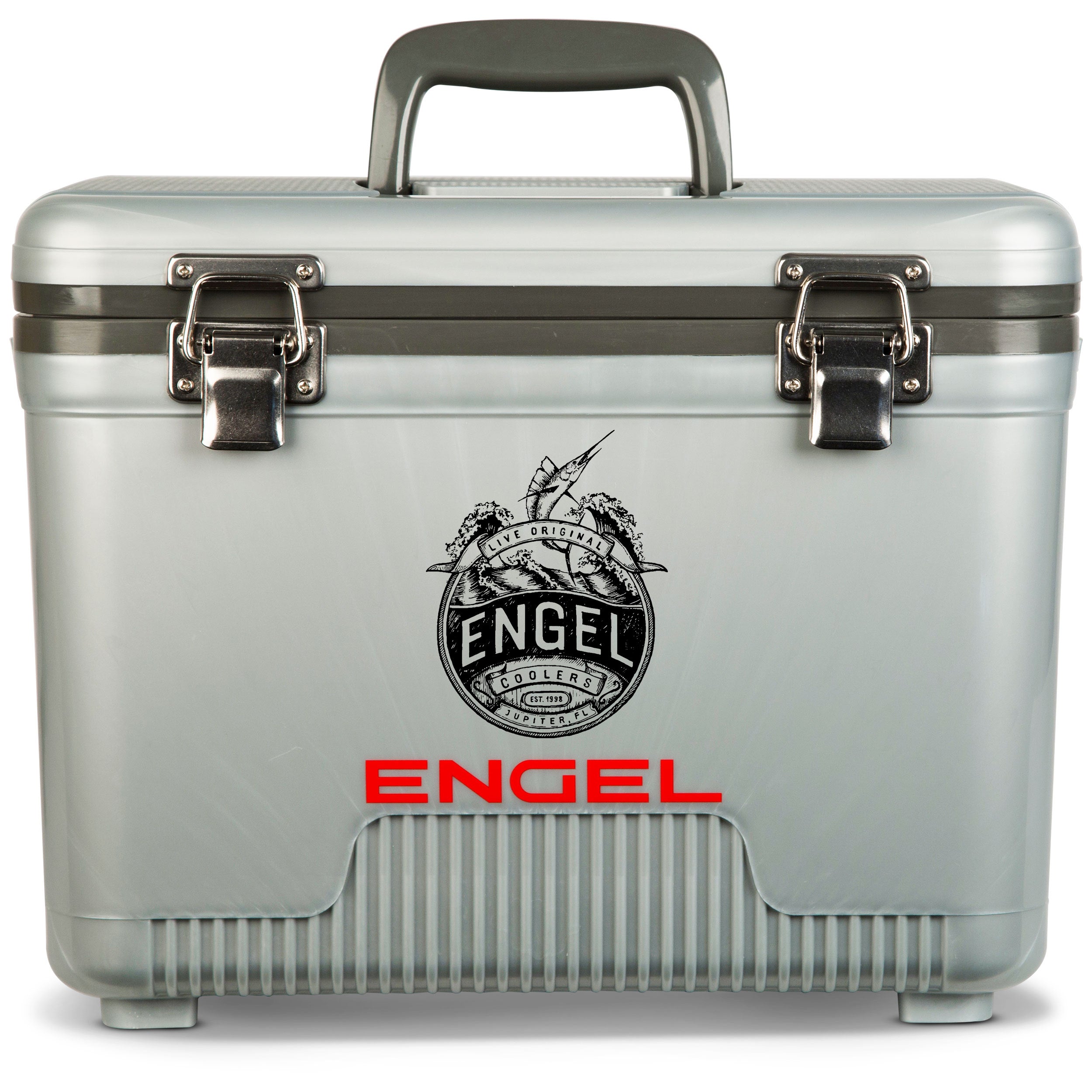 A silver Engel cooler with black handles and latches is shown, featuring the emblematic Engel "Live Original" Sailfish Decal. The cooler proudly displays Engel Coolers’ logo in black, with the brand name "Engel" in red below it.