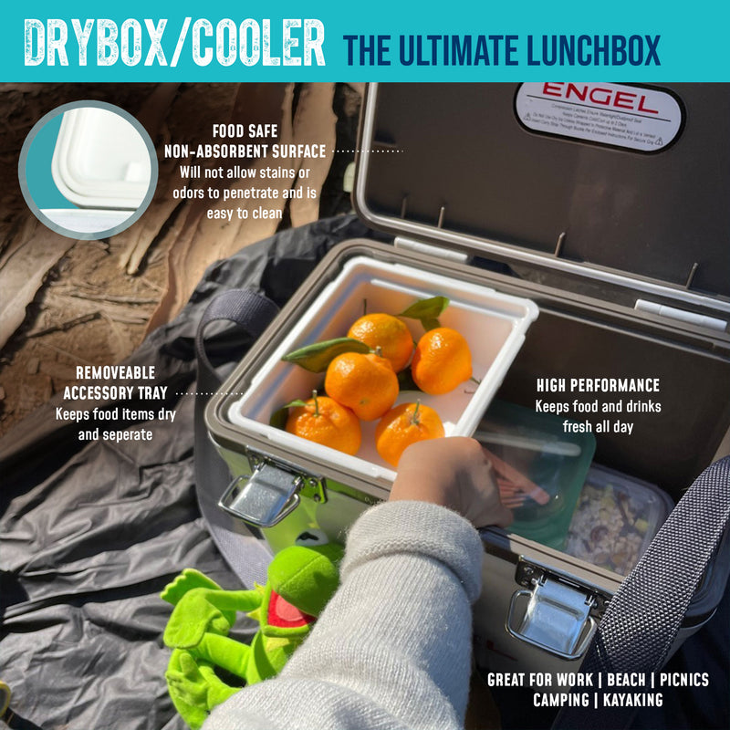 A hand opens an Engel Coolers 19Qt Patriotic Drybox Cooler showing compartments with sandwiches and oranges, highlighted features labeled around the image.