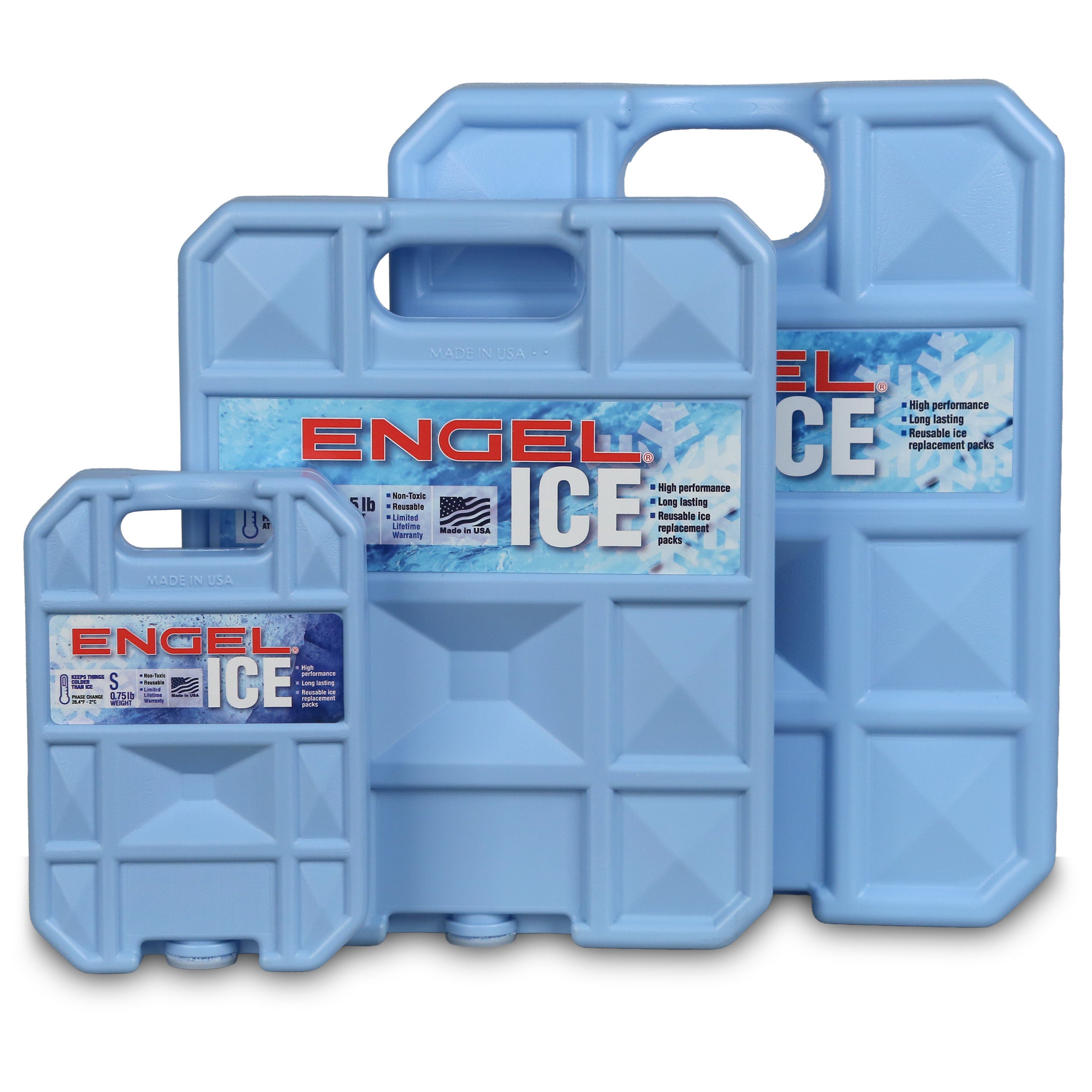 Three Engel 32°F / 0°C Cooler Packs by Engel Coolers, in different sizes with handles and labels, stand upright. These reusable, non-toxic packs are ideal for keeping items cool.