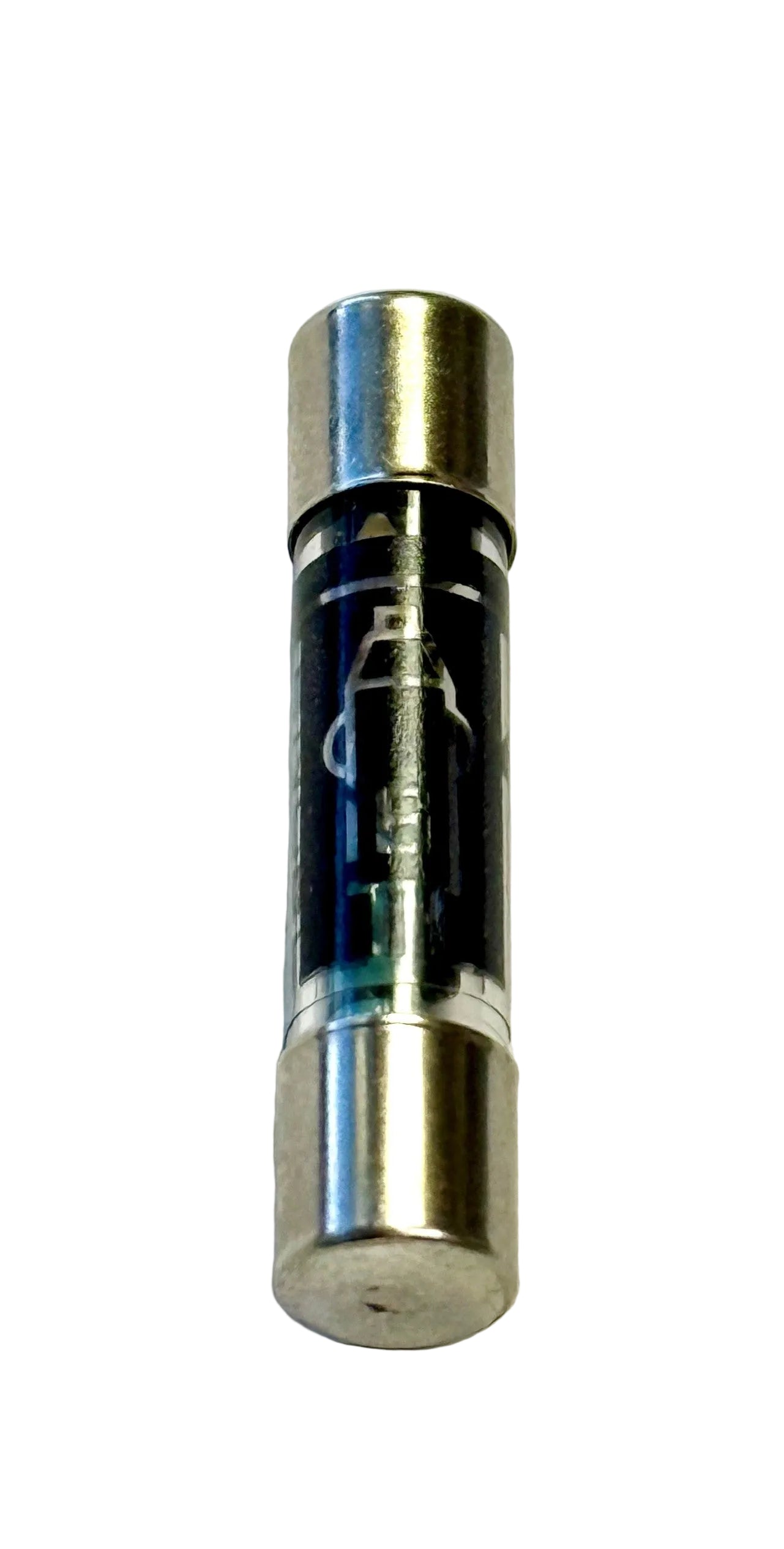 Cylindrical fuse with metallic ends on a white background
