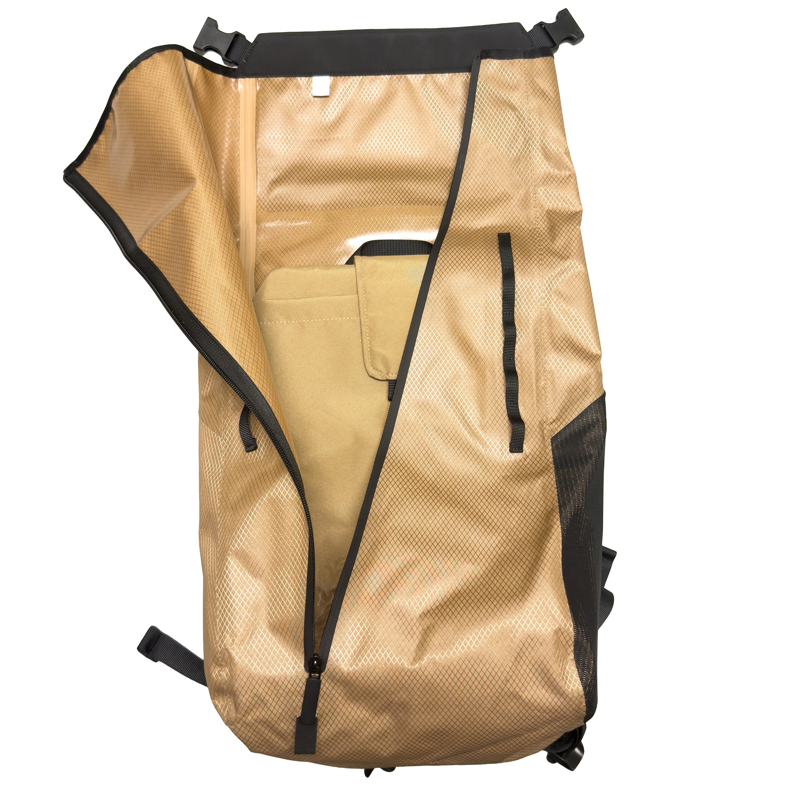 The ENGEL GoBag 20 Qt Backpack Day Bag is shown open, revealing an inner pocket and a mesh side pocket. Made from lightweight and durable materials, this ultra light backpack by ENGEL is ideal for everyday use.