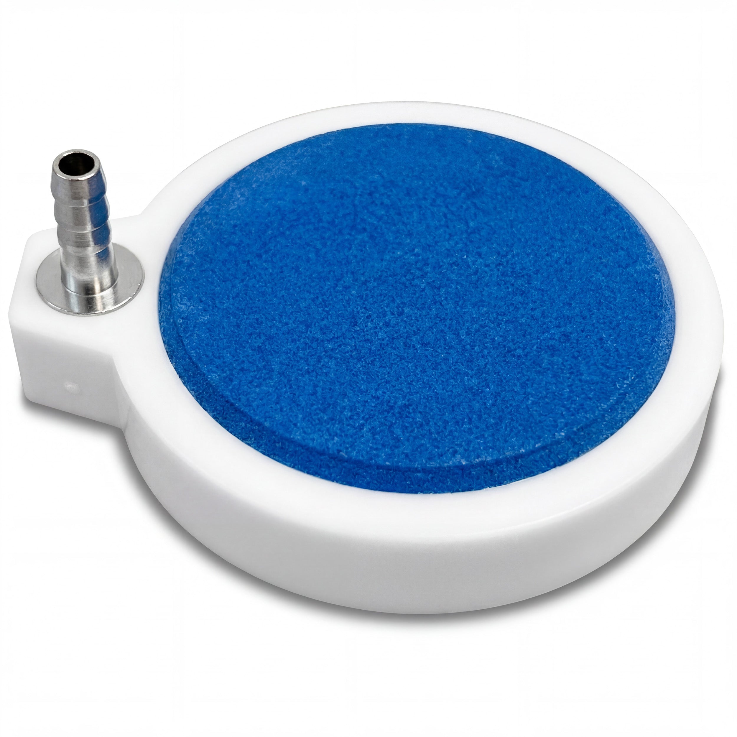 The ENGEL 2" Live Bait Aerator Stone is a round blue ceramic diffuser with a white plastic base and metal connector, ideal for aquariums, hydroponic systems, or bait wells.