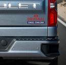 Close-up of a Chevrolet vehicle's rear, featuring an Engel Coolers product called "The Original Engel Coolers - Blue and Red badge Sticker on clear backing," measuring 6.75" wide x 3.85" tall. The sticker is located near the right taillight.