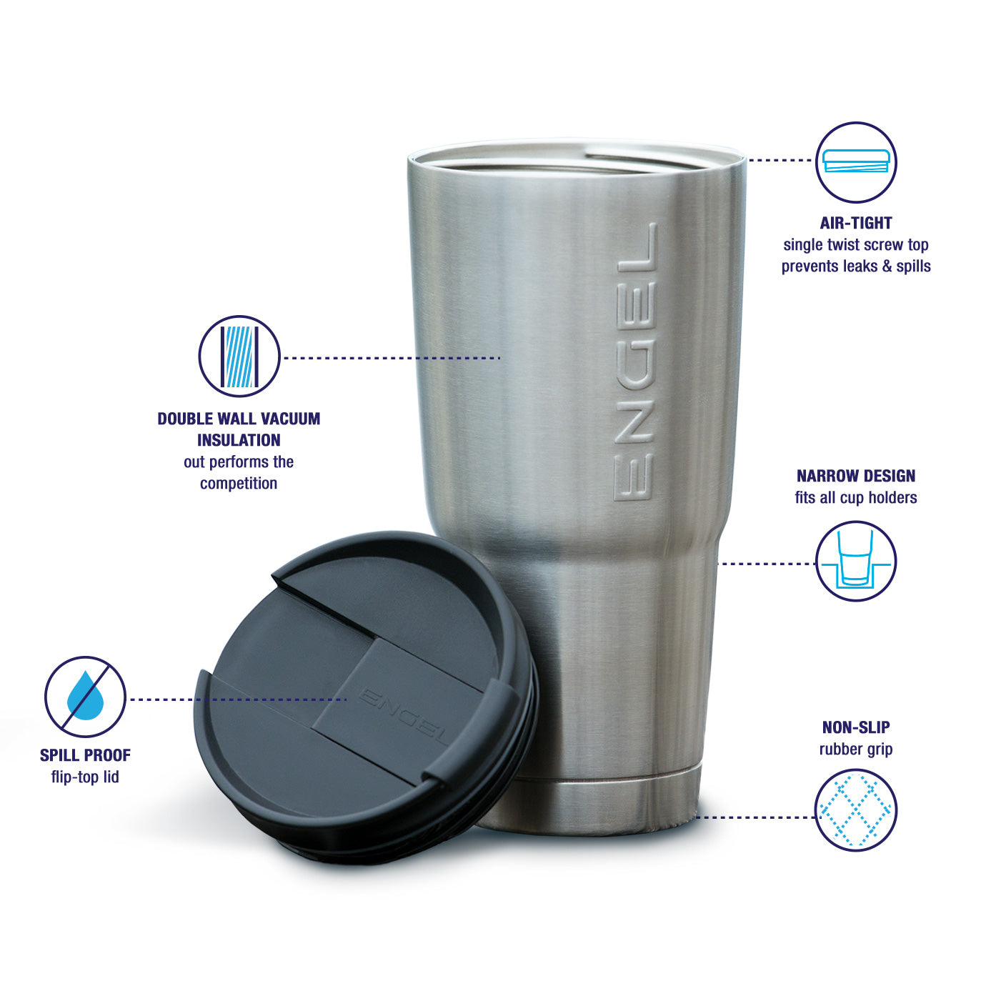 The Engel 22oz Stainless Steel Vacuum Insulated Tumbler from the Color Collection by Engel Coolers features a spill-proof lid and double wall vacuum insulation to maintain ideal beverage temperatures. Its slender design and non-slip rubber grip make it an excellent choice for travel.