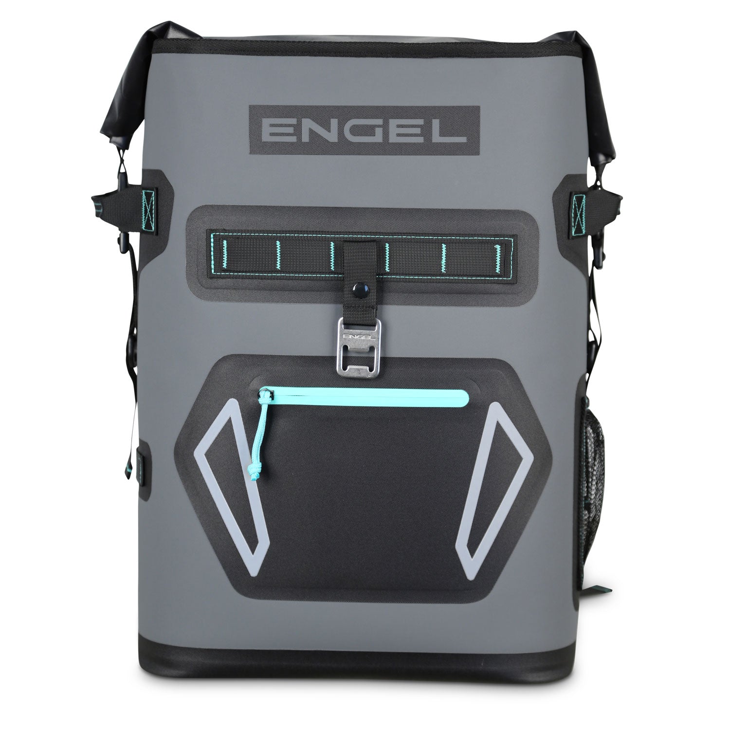 The Engel Roll Top High Performance Backpack Cooler from Engel Coolers comes in black and turquoise, with welded seams for durability. It offers thermal insulation, a front zip pocket, a side mesh water bottle holder, and a top handle for easy carrying.