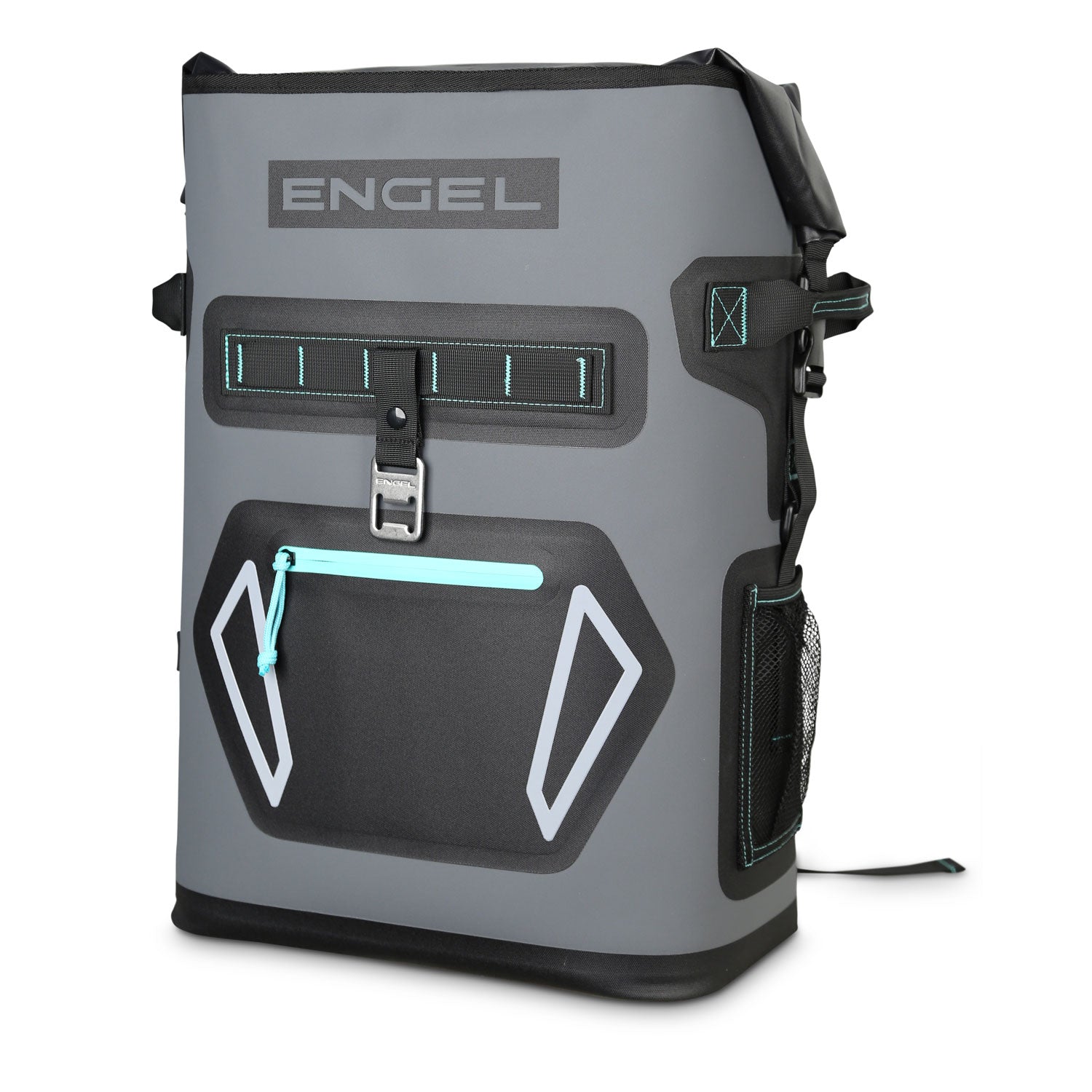 The Engel Roll Top High Performance Backpack Cooler by Engel Coolers, available in grey and black, has welded seams, a front zip pocket, buckle closure, and a side mesh pocket. It offers excellent thermal insulation for transporting chilled items.