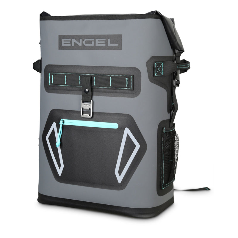 A grey and black Engel Coolers New ENGEL Roll Top High Performance Backpack Cooler.