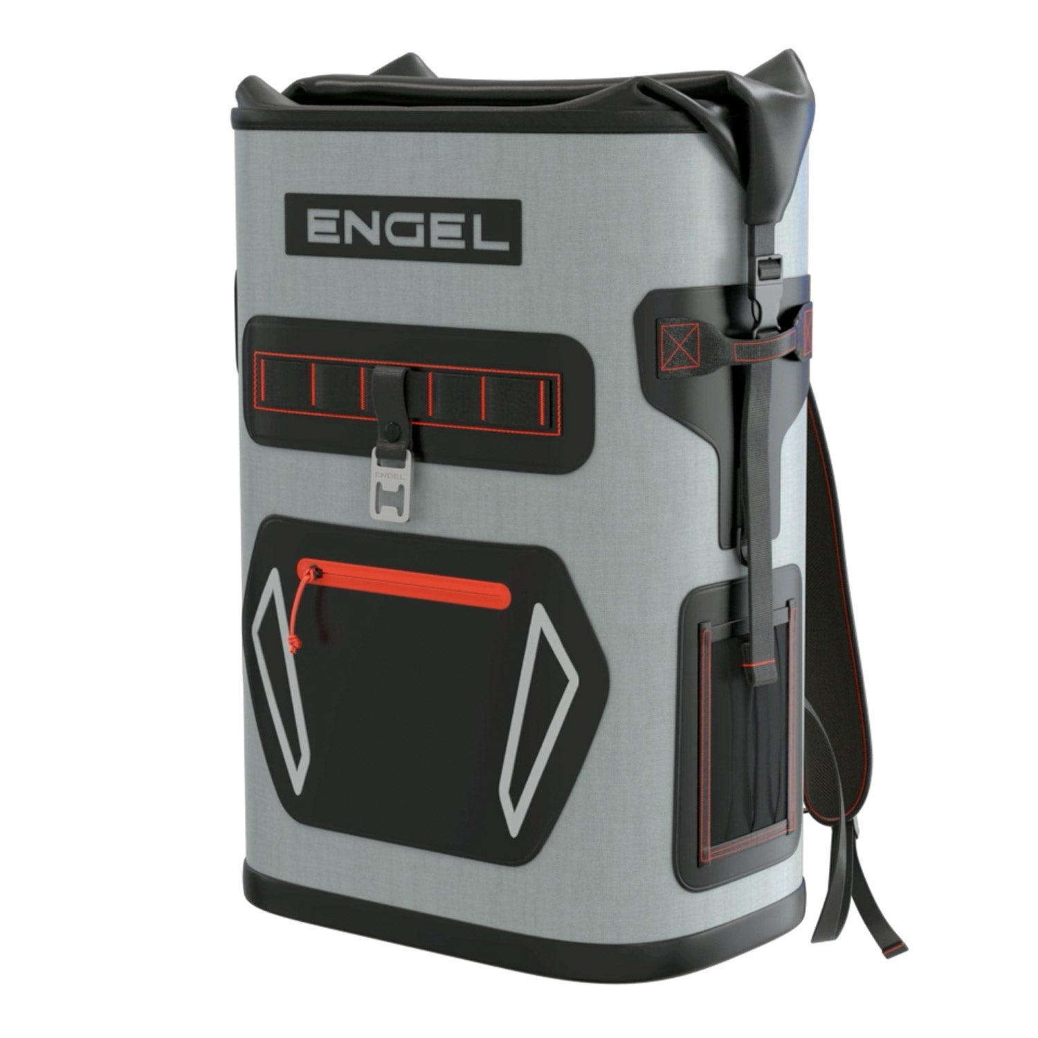 The Engel Roll Top High Performance Backpack Cooler by Engel Coolers, in gray with black and red accents, features welded seams, a front zipper pocket, side straps, and a black shoulder strap. Its enhanced thermal insulation ensures your items stay perfectly chilled.