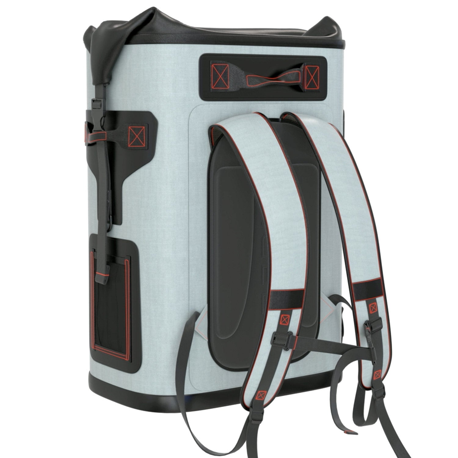 The Engel Roll Top High Performance Backpack Cooler by Engel Coolers, in grey and black with red stitching, features welded seams, thermal insulation, two straps, multiple pockets, and a top handle for durability and convenience.