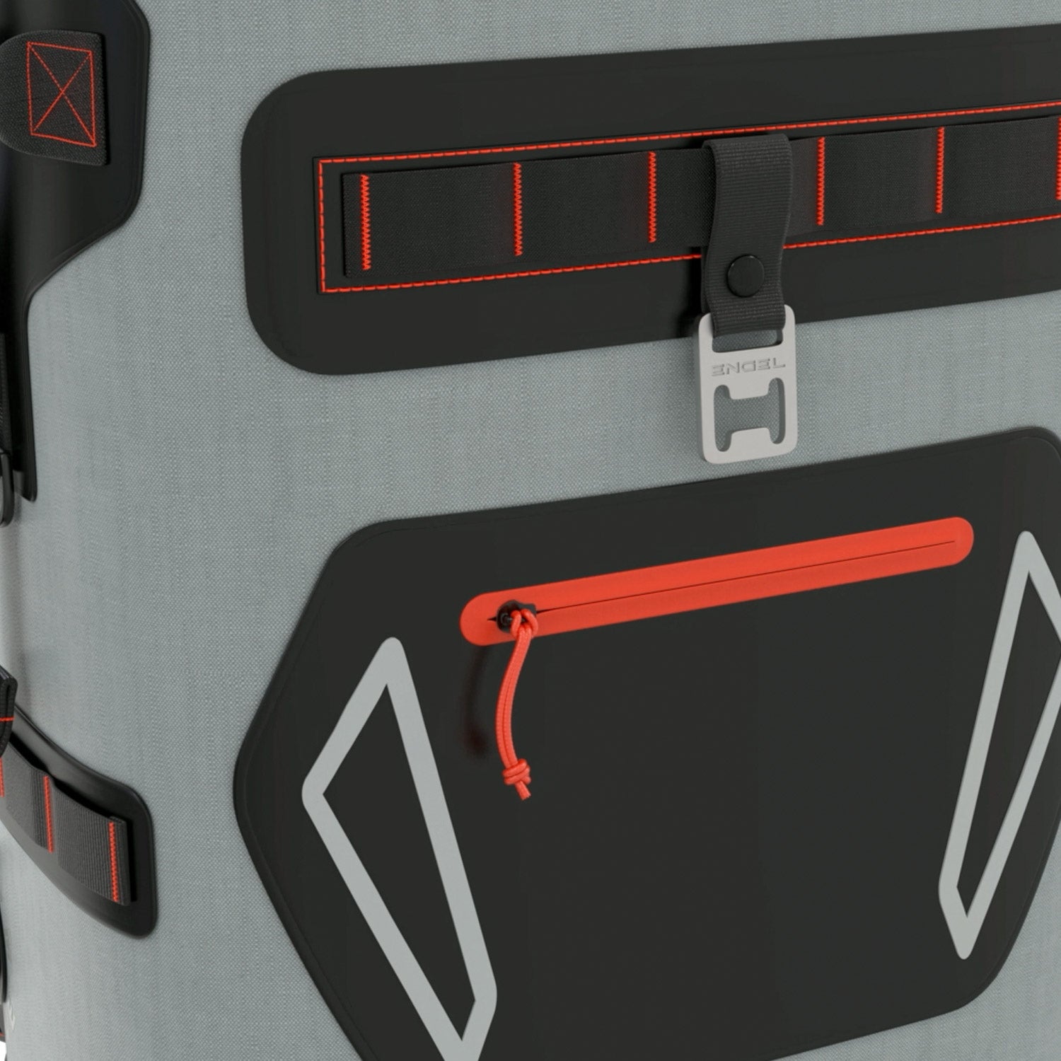 Close-up of a gray Engel Roll Top High Performance Backpack Cooler by Engel Coolers, featuring black and red details, a clip, orange zipper pocket, and geometric accents. It offers thermal insulation and welded seams for durability and optimal performance.