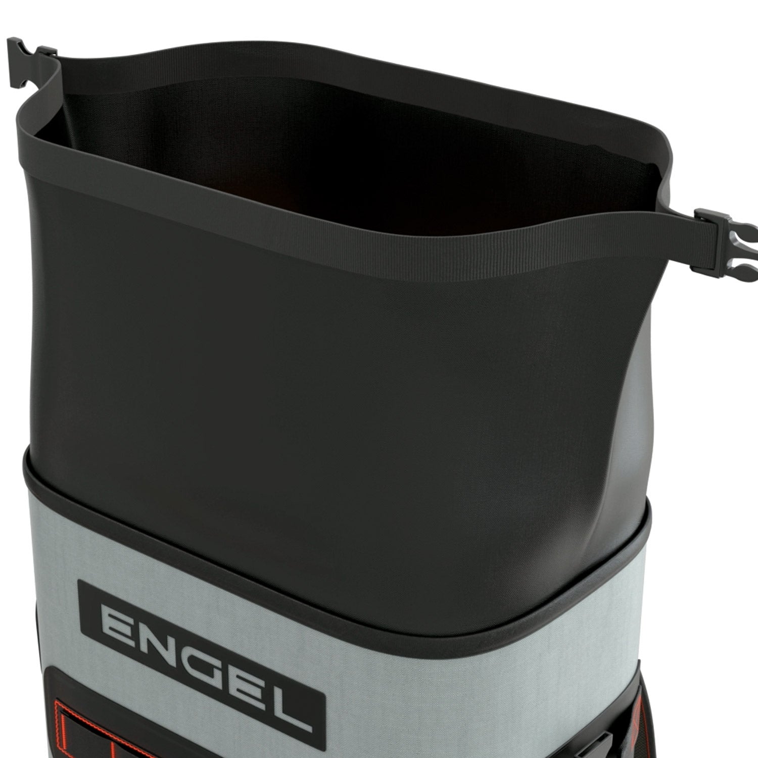 The Engel Roll Top High Performance Backpack Cooler by Engel Coolers is a black and gray container featuring an open top and securing straps on each side. Its welded seams enhance durability, making it perfect for secure storage, similar to the reliable thermal insulation of the Engel Backpack Cooler.