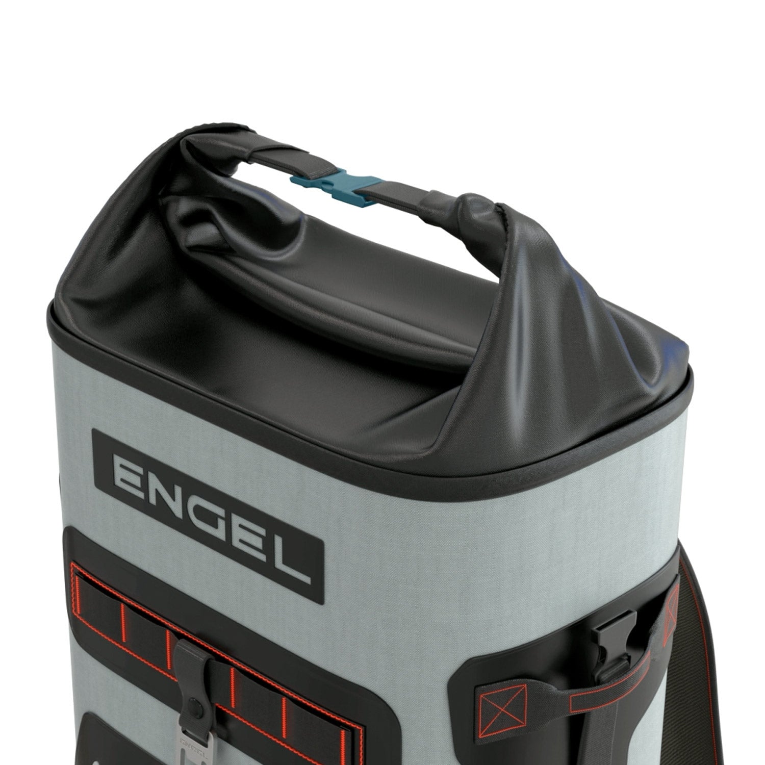 The Engel Roll Top High Performance Backpack Cooler by Engel Coolers features a grey body with red stitching, black roll-top closure, thermal insulation, welded seams for durability, and the brand name prominently on the front.