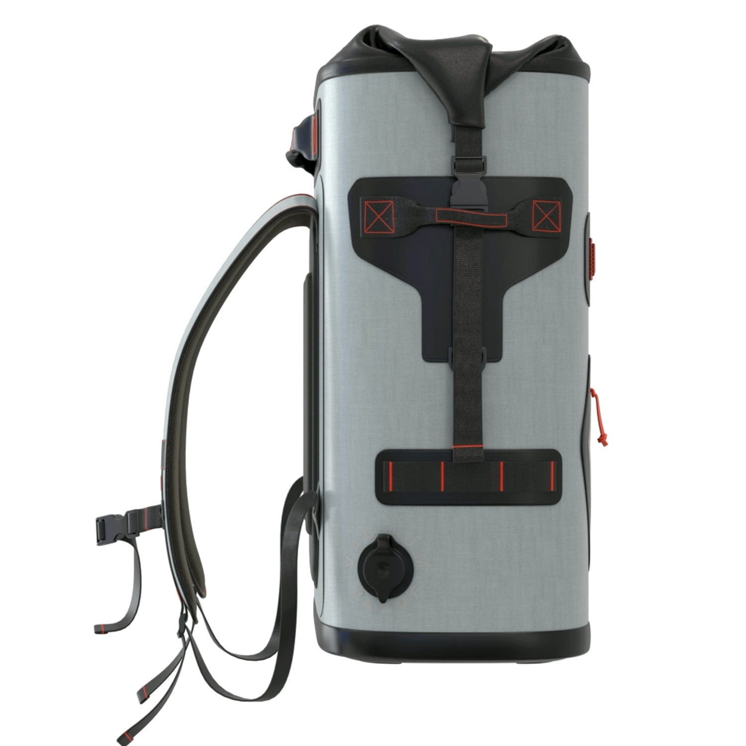 The Engel Roll Top High Performance Backpack Cooler by Engel Coolers features a grey cylindrical design with black straps, orange accents, and a side clip. It has welded seams, thermal insulation, padded shoulder straps, buckle closure, and a base valve for added utility.