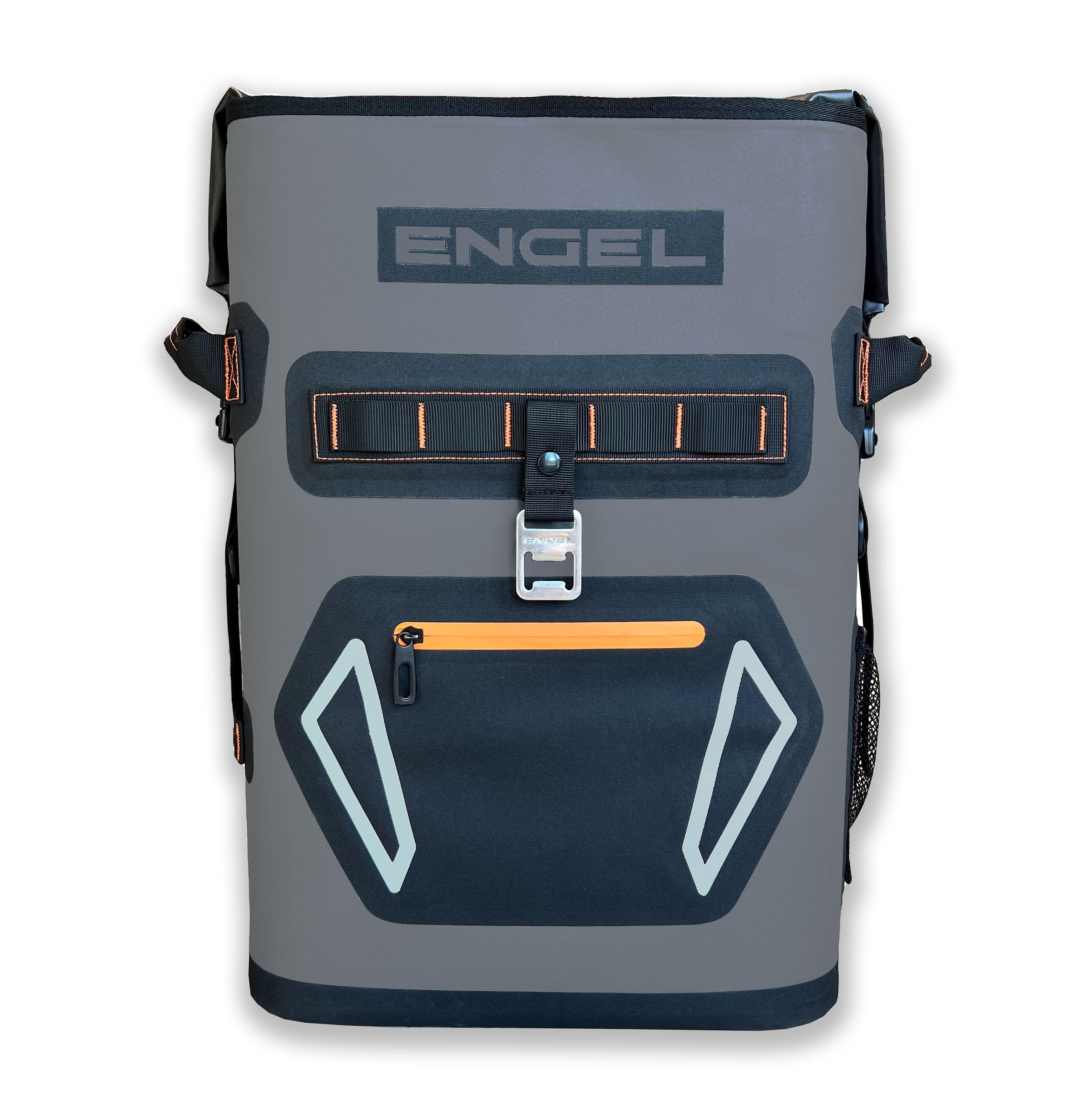 The Engel Roll Top High Performance Backpack Cooler from Engel Coolers is a gray bag with black and orange accents, featuring thermal insulation, welded seams, multiple pockets, and a top handle.