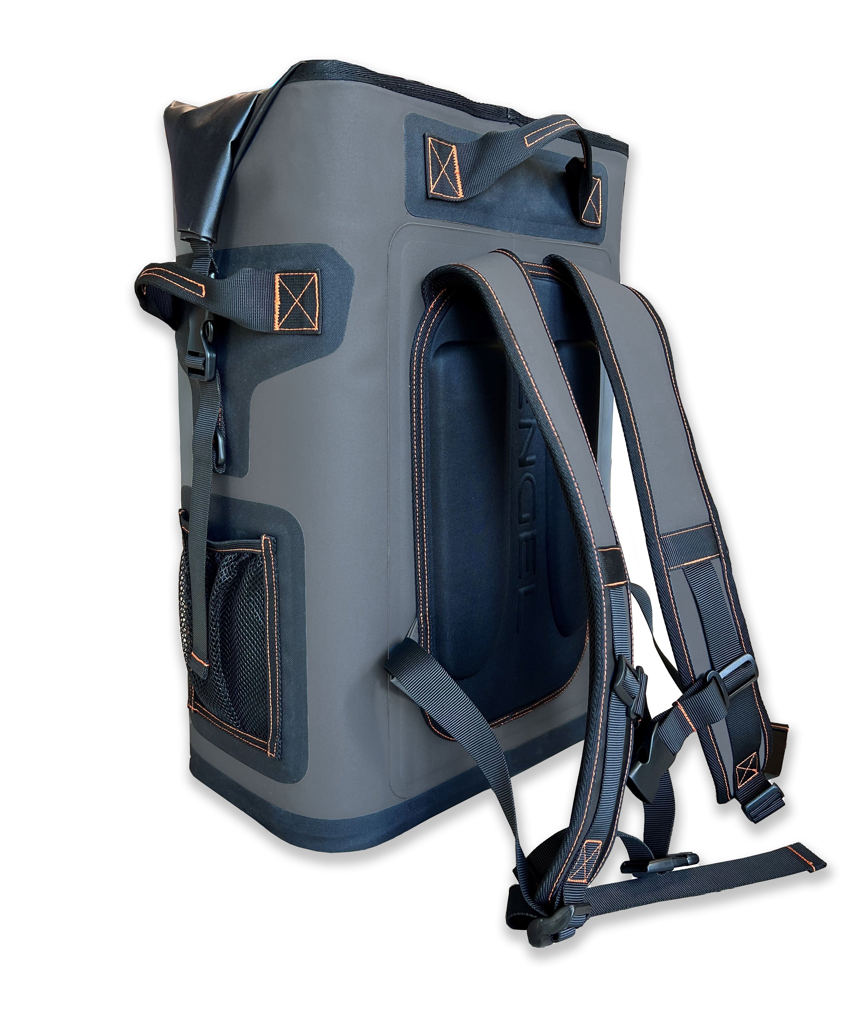 Meet the Engel Roll Top High Performance Backpack Cooler by Engel Coolers—a stylish gray design with black and brown accents. It offers welded seams, thermal insulation, a mesh side pocket, padded shoulder straps, and top handles for easy carrying.