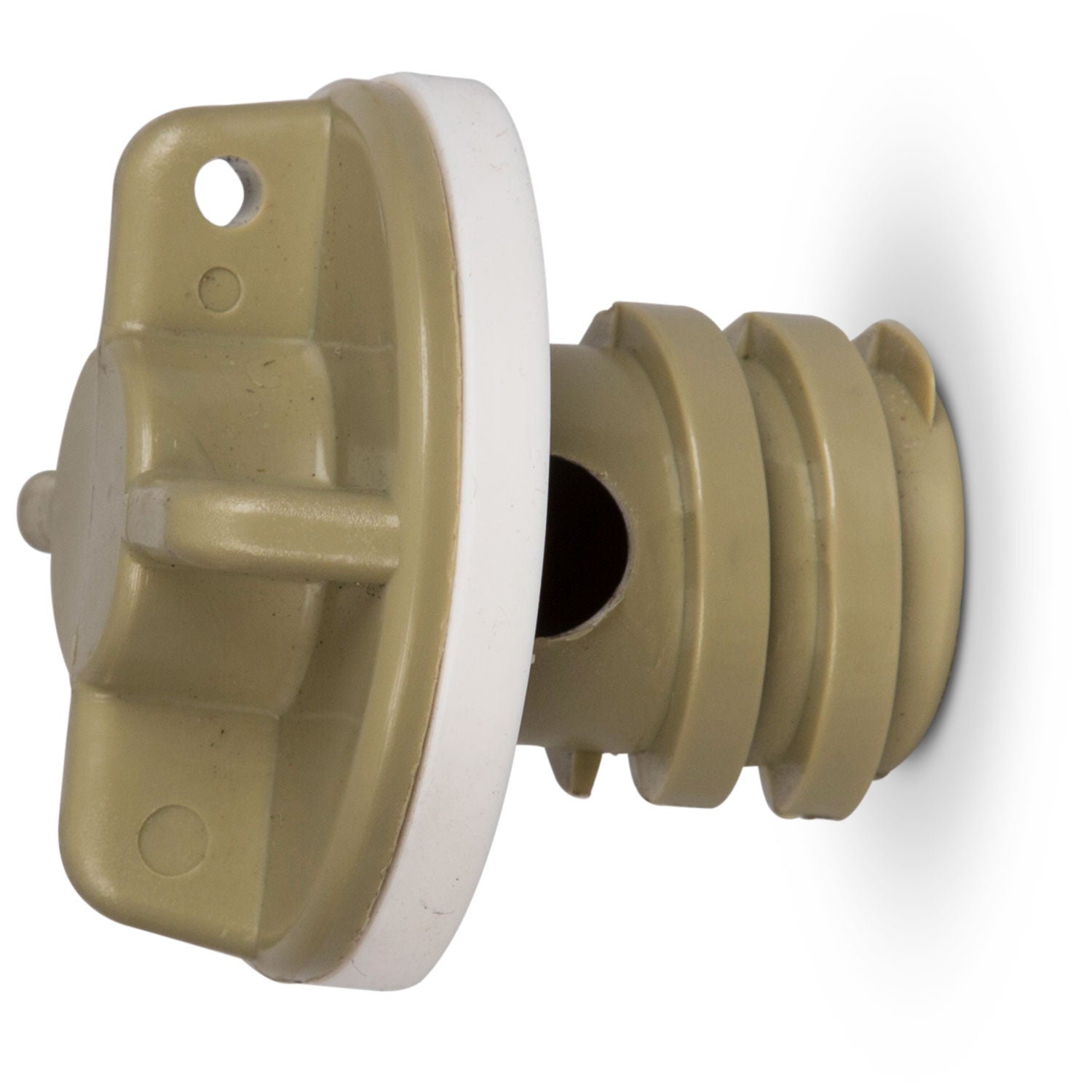 A beige plastic Engel Coolers replacement drain plug with a white hole.