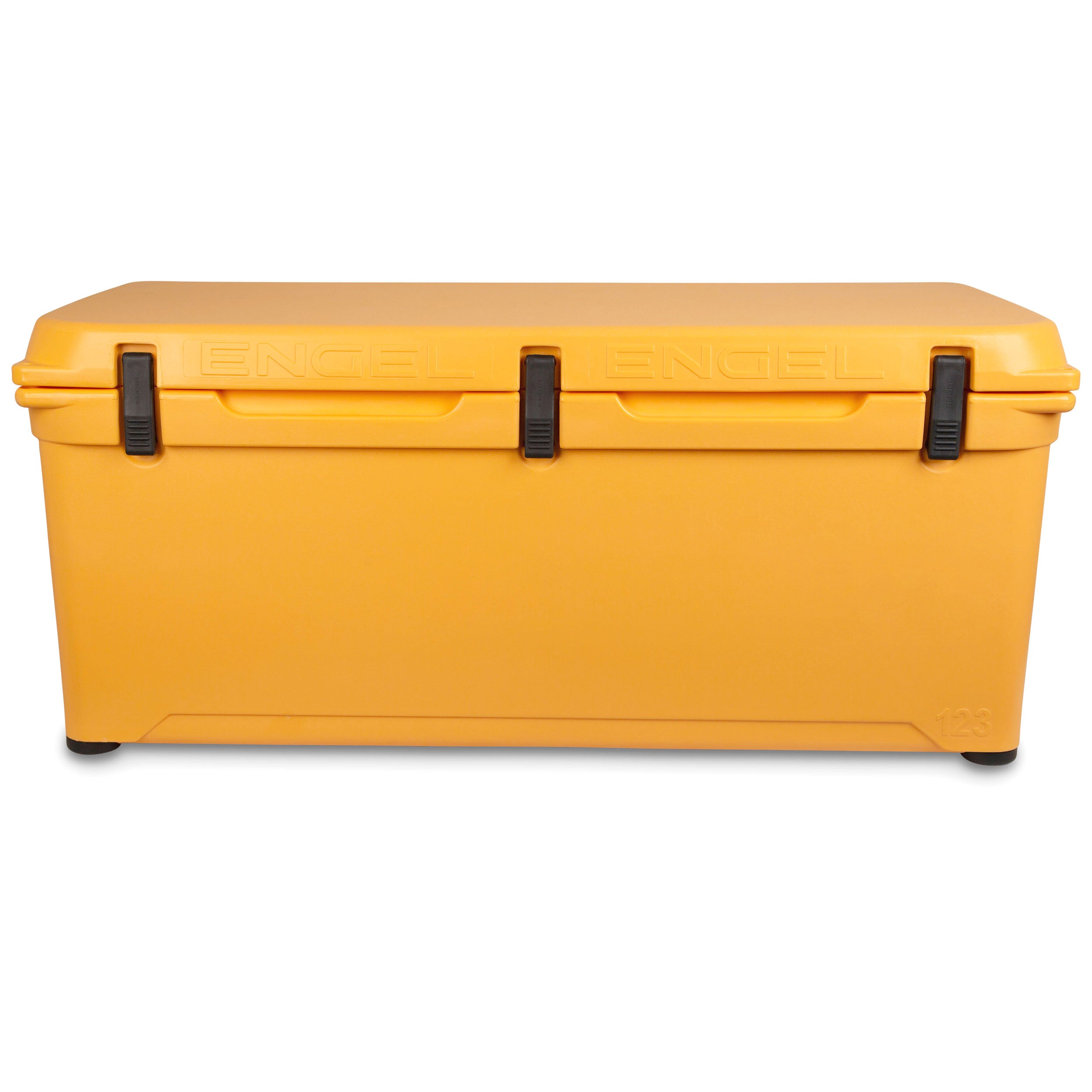 A yellow Engel Coolers 123 High Performance Hard Cooler and Ice Box on a white background.