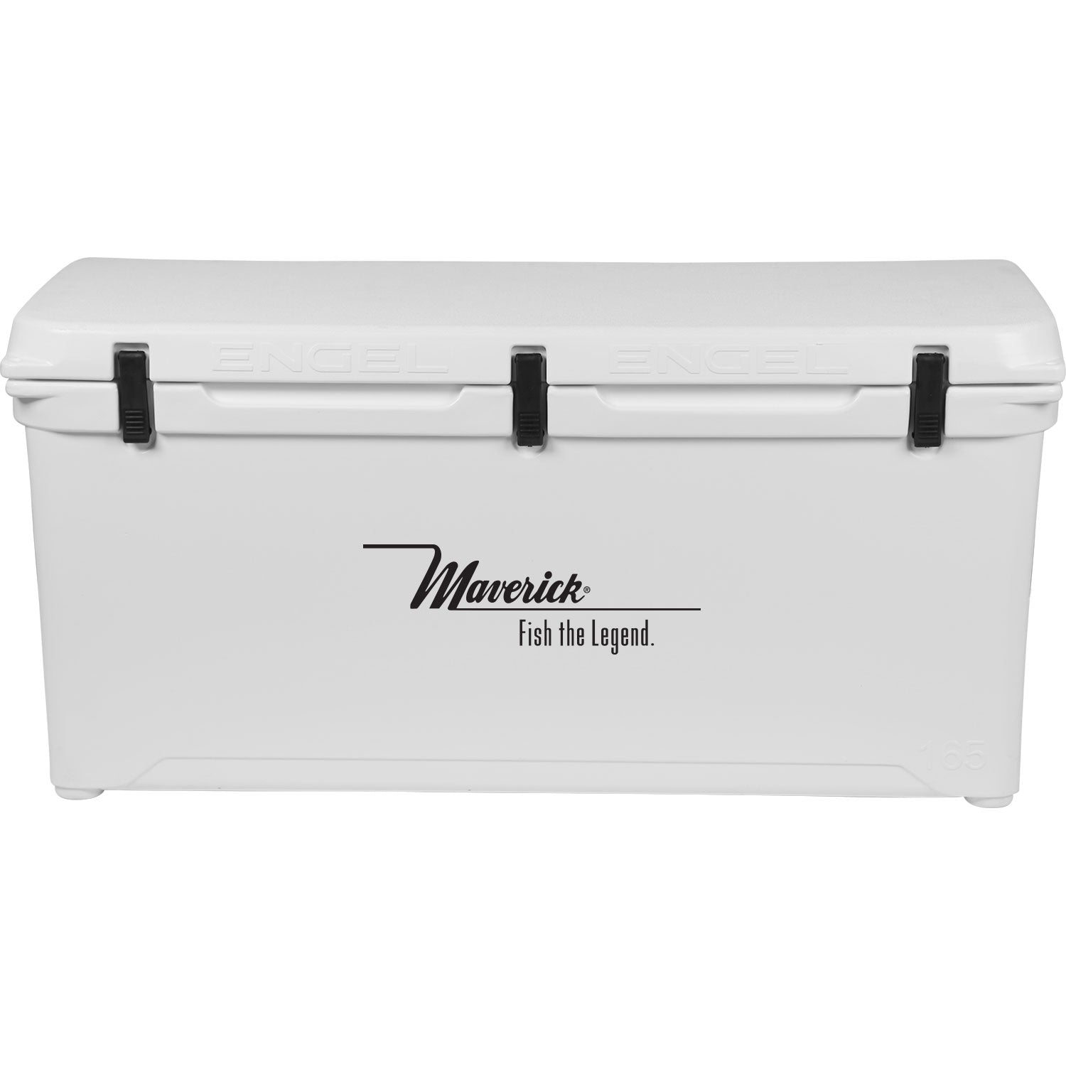 A white Engel 165 High Performance Hard Cooler and Ice Box with the word Merritte on it.