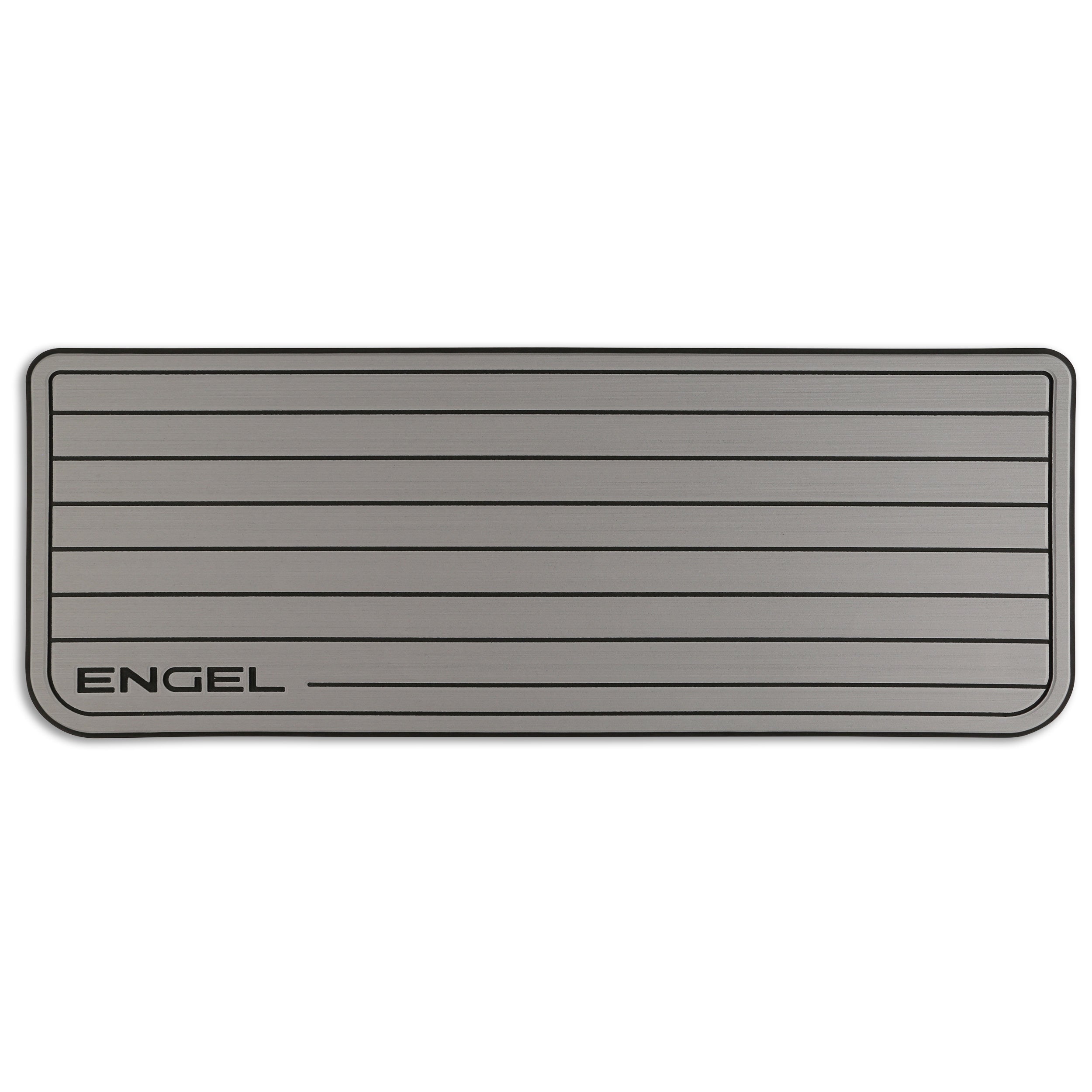 A gray Engel Coolers SeaDek® Grey Teak Pattern Non-Slip Marine Cooler Topper with the word Engel on it, designed for marine environments.