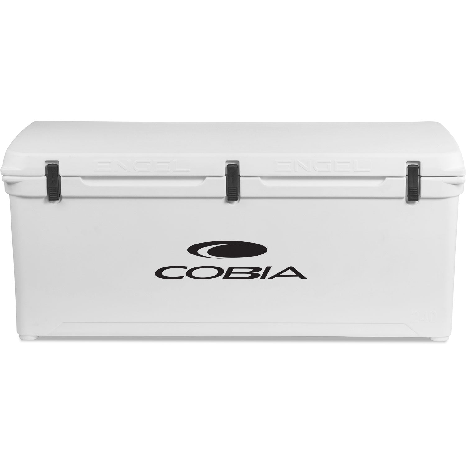 A white Engel 240 High Performance Hard Cooler and Ice Box with the Cobia logo on it, known for its durability.