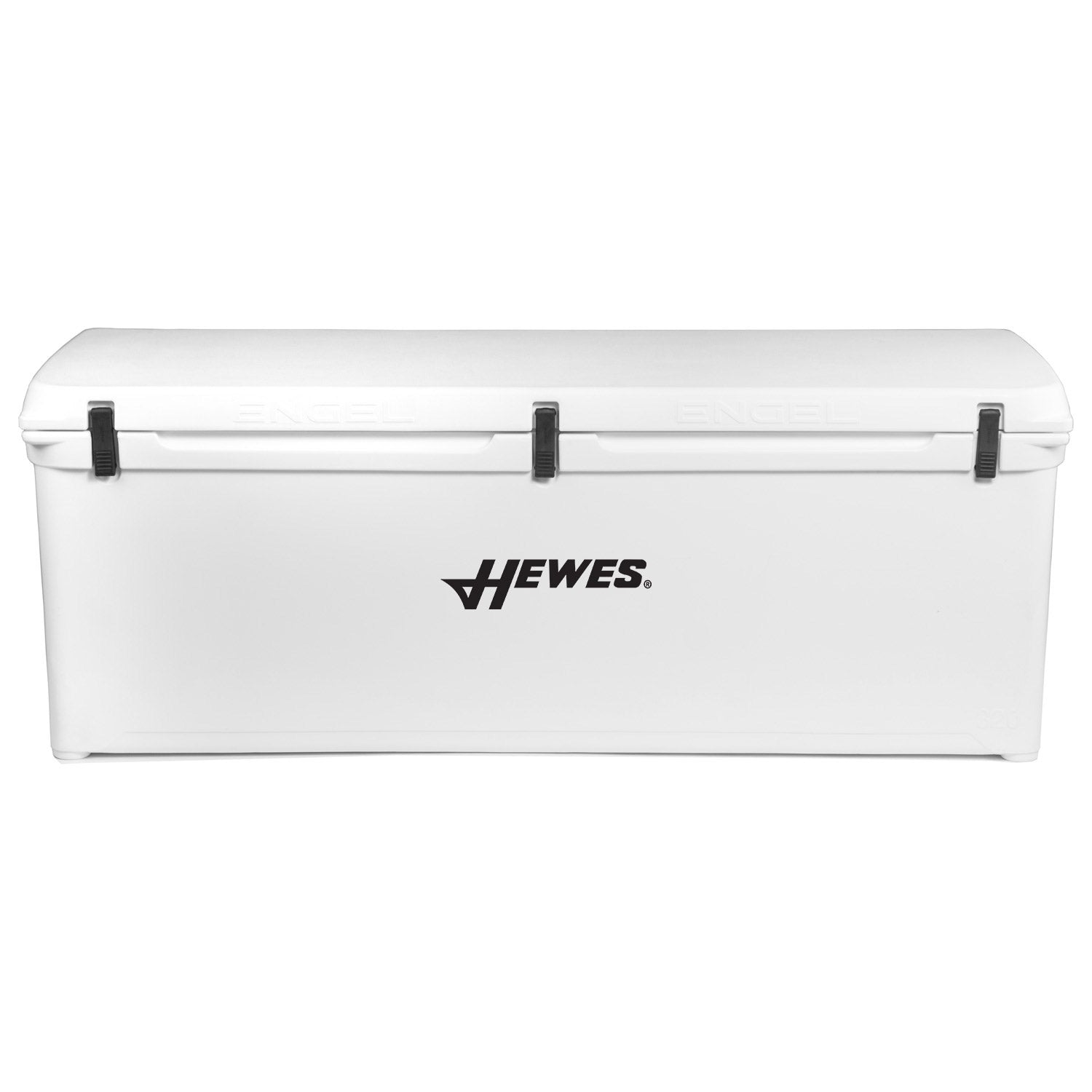 A white roto-molded cooler with the word Engel Coolers on it, known for its ice retention.