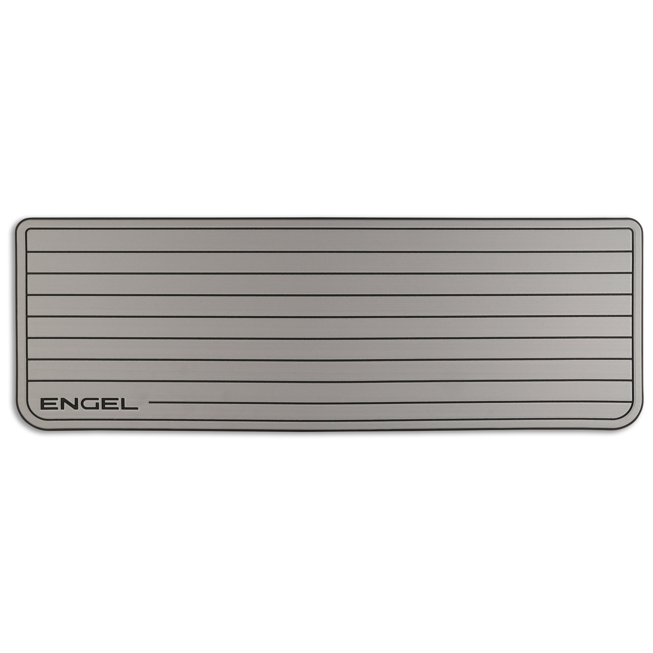 A gray Engel Coolers SeaDek® Grey Teak Pattern Non-Slip Marine Cooler Topper with a stripe on it.