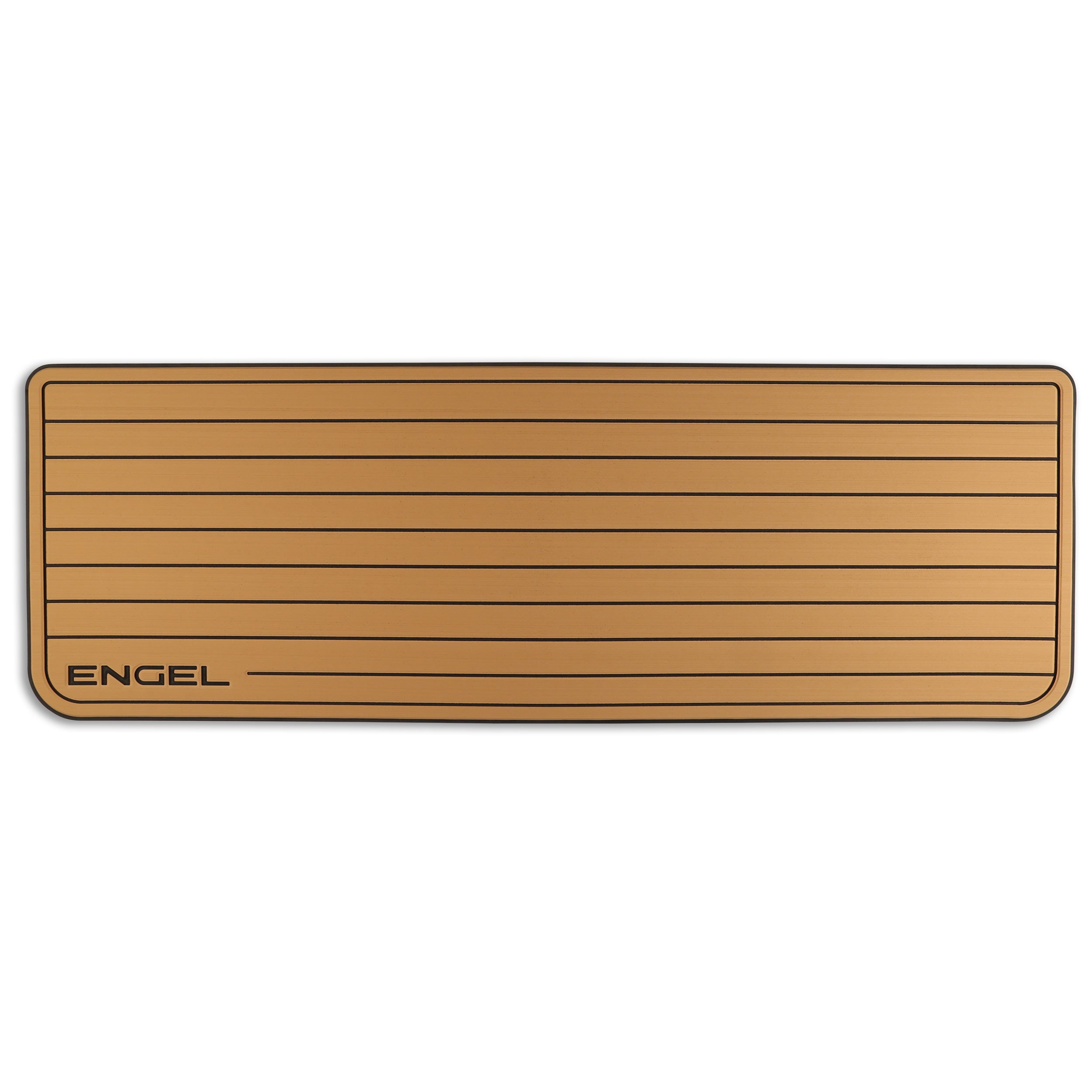 A brown SeaDek® Tan Teak Pattern Non-Slip Marine Cooler Topper with the word Engel on it, designed for a marine environment by Engel Coolers.