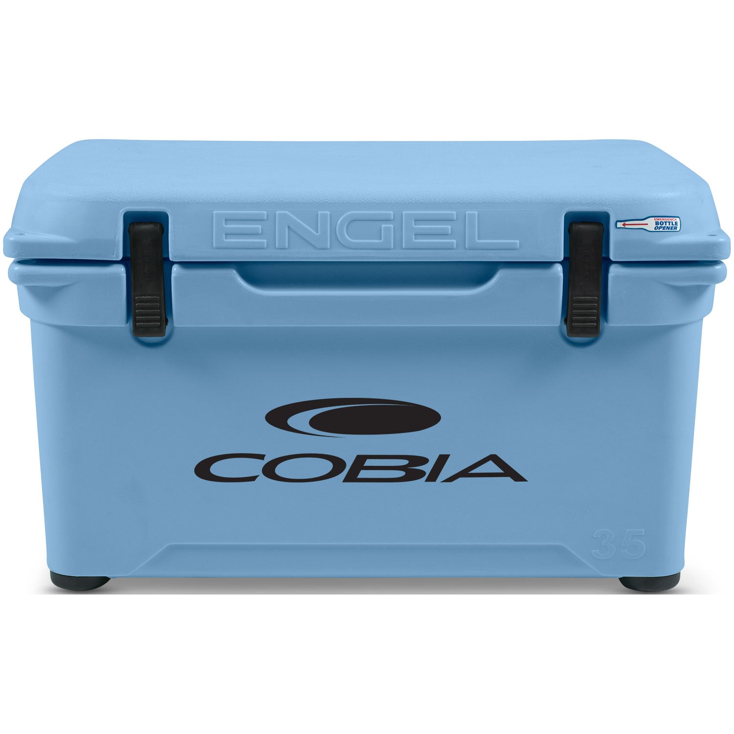 A durable Engel Coolers 35 High Performance Hard Cooler and Ice Box with the cobia logo on it.