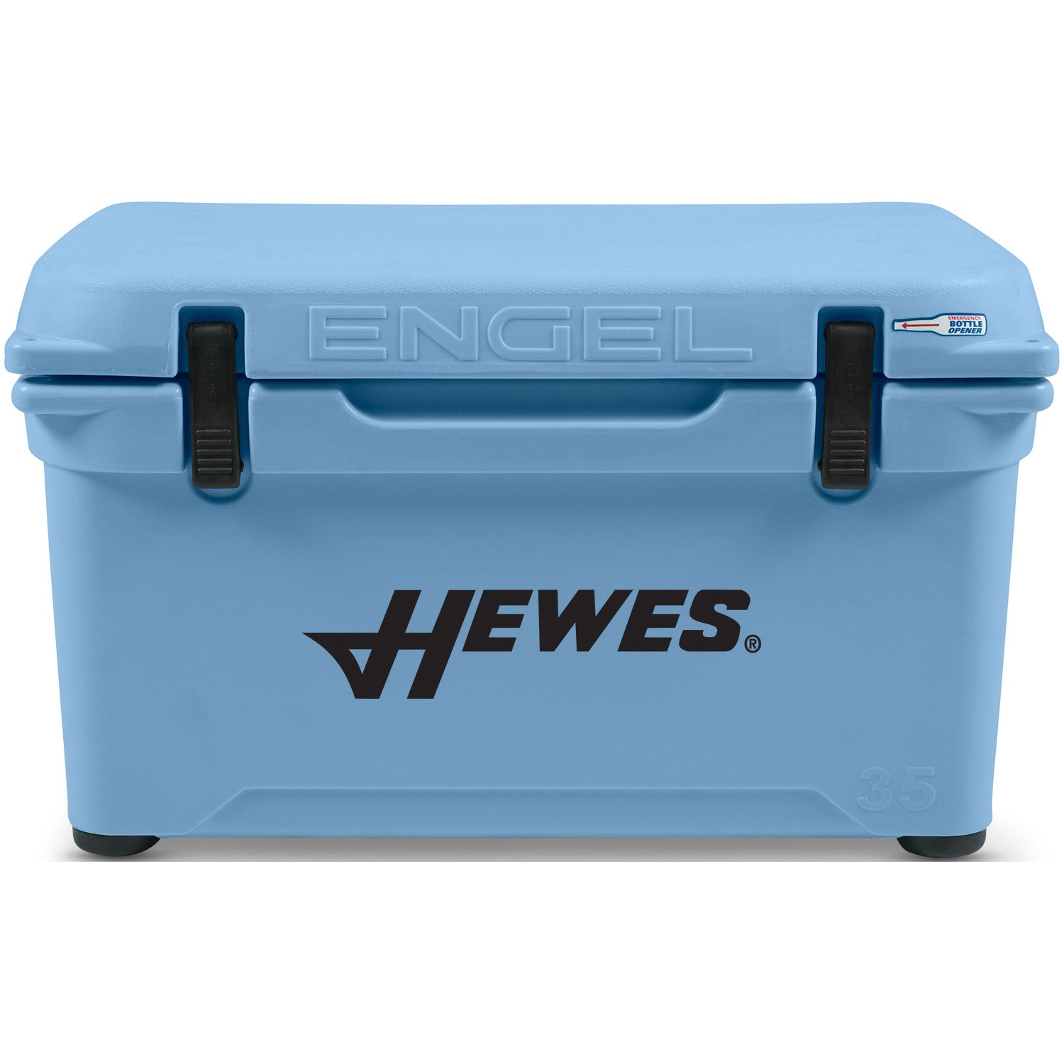 A durable blue Engel 35 High Performance Hard Cooler and Ice Box with the word Hewes on it.