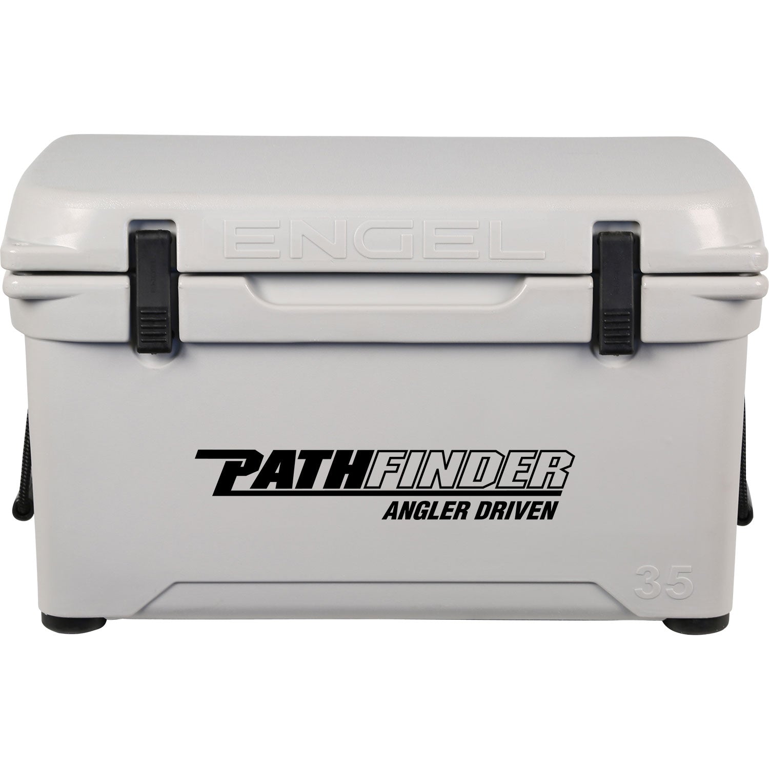 A durable, gray Engel 35 High Performance Hard Cooler and Ice Box with the word "path ender" on it.