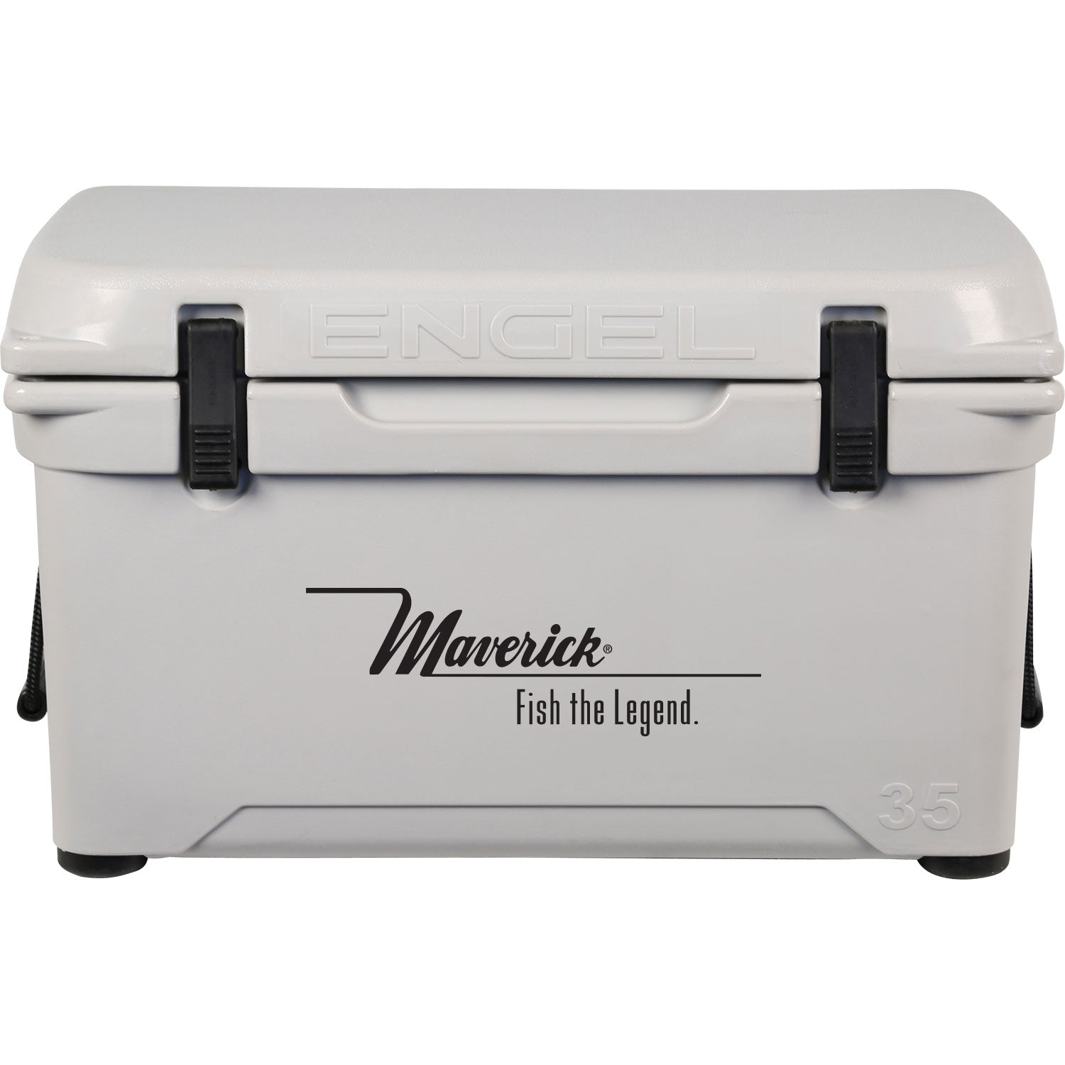 A durable gray Engel Coolers 35 High Performance Hard Cooler and Ice Box with the words maverick fish high legend.