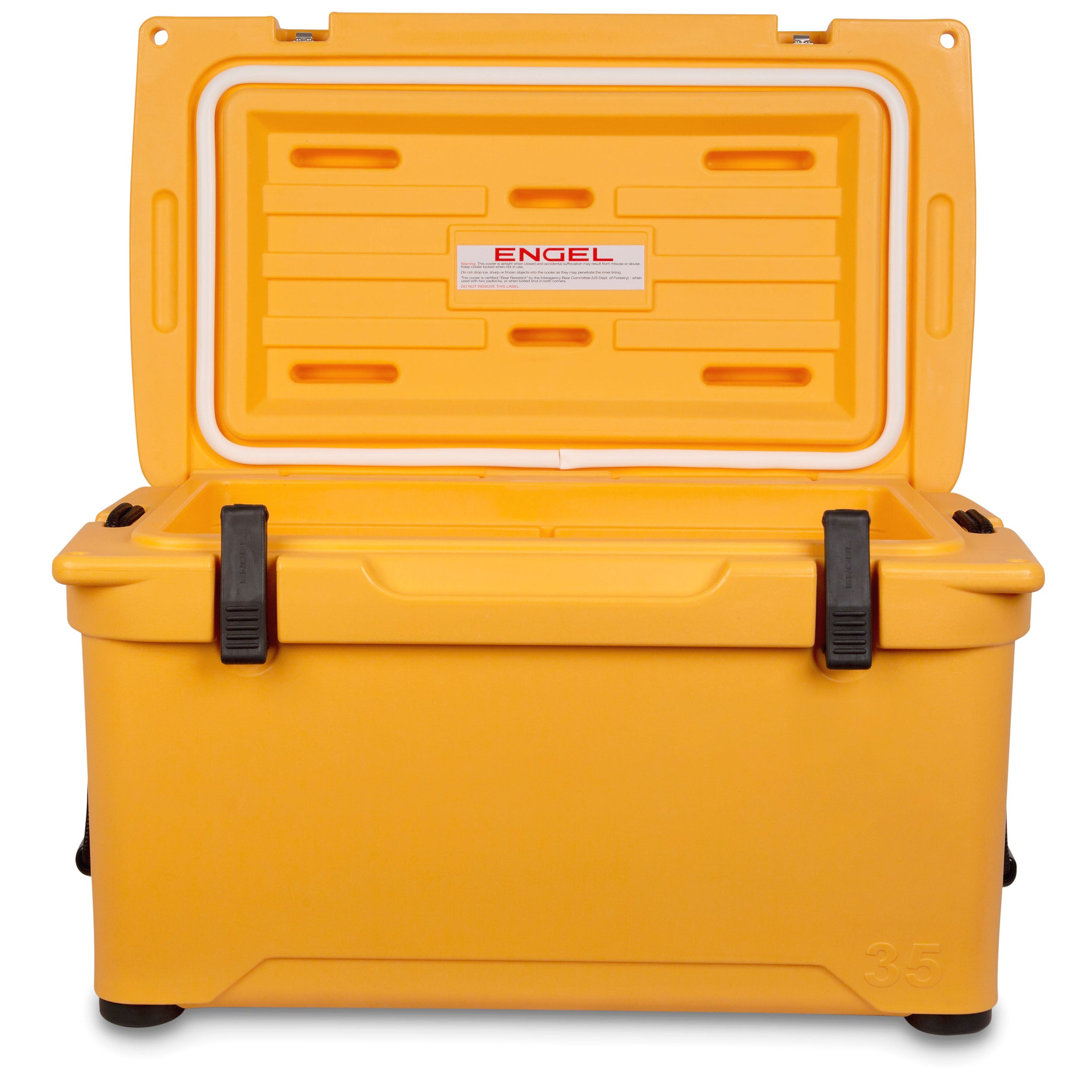 A durable, yellow Engel 35 High Performance Hard Cooler and Ice Box on a white background.