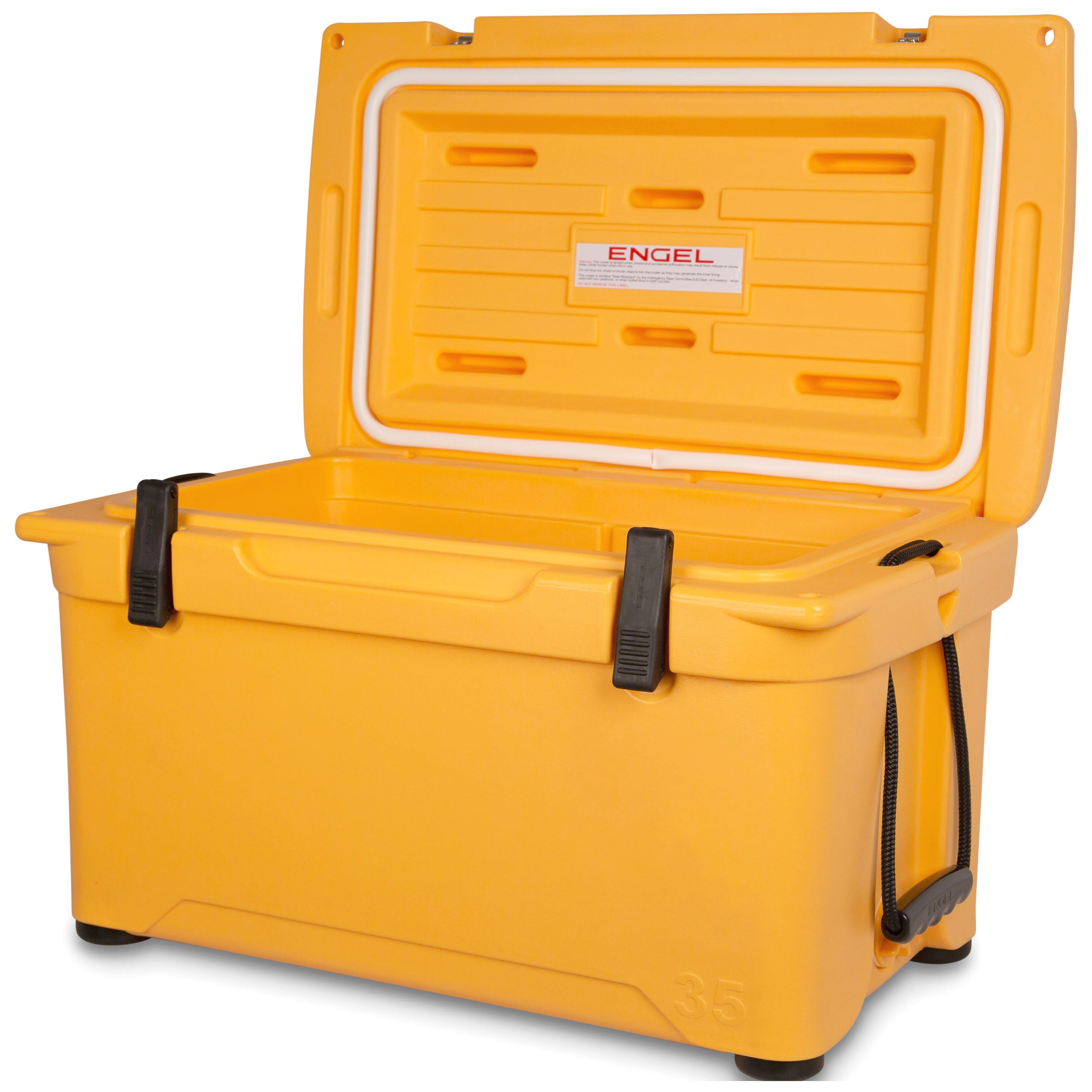 A durable, yellow Engel 35 High Performance Hard Cooler and Ice Box on a white background.