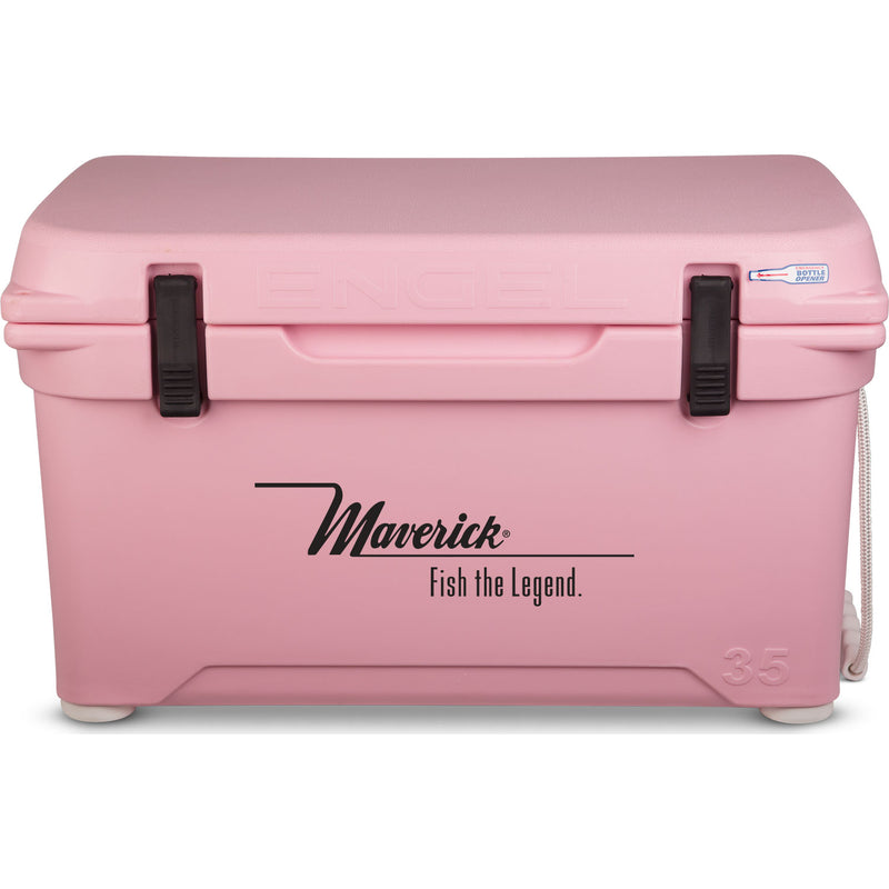 A pink, durable Engel Coolers 35 High Performance Hard Cooler and Ice Box with the word martini on it.