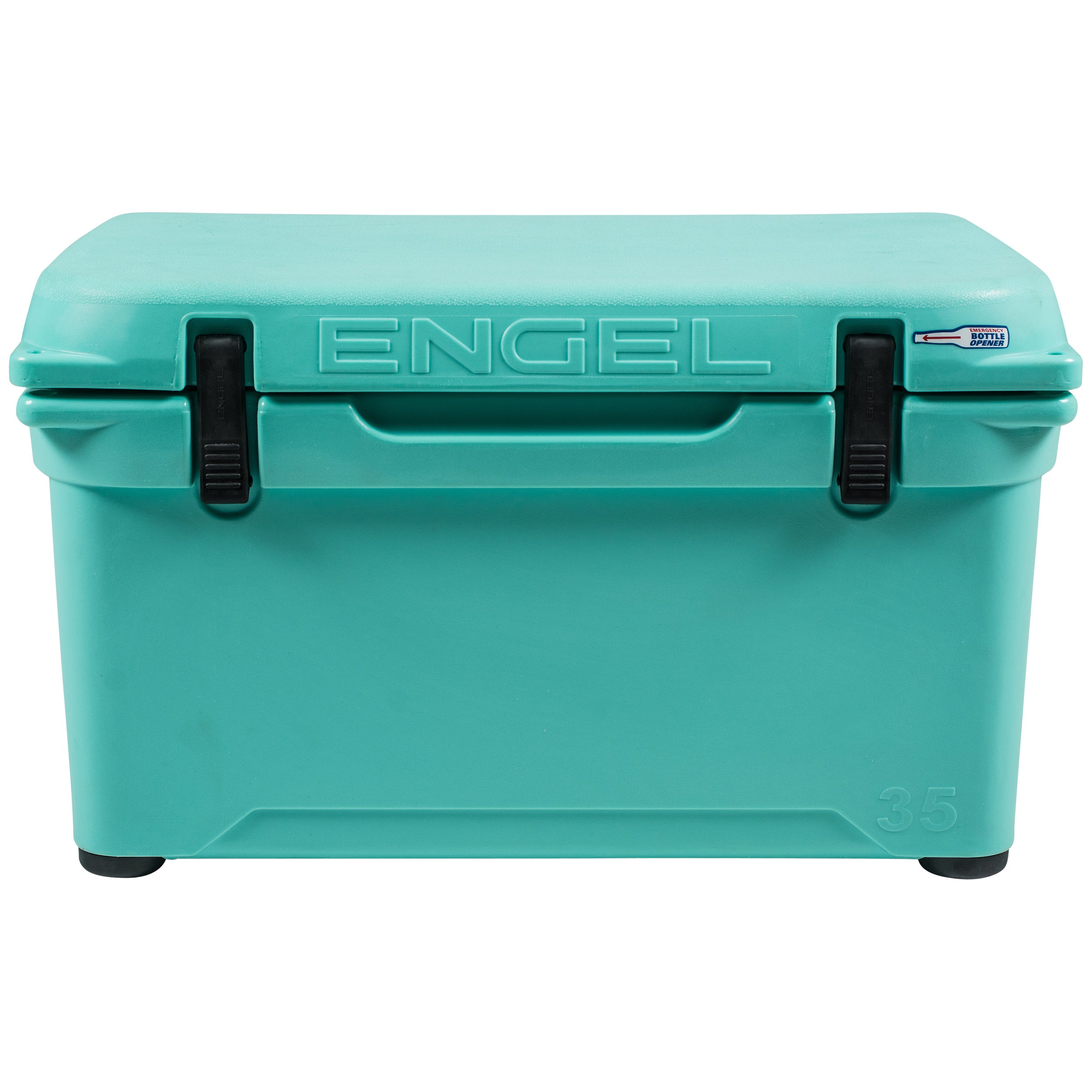 The durable Engel Coolers 35 High Performance Hard Cooler and Ice Box is turquoise with black handles.