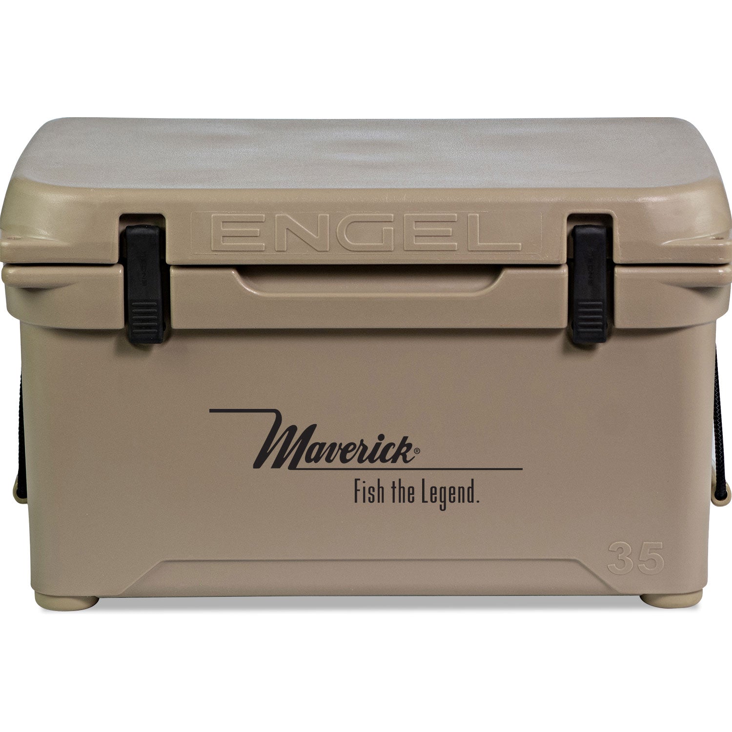 A durable, tan roto-molded cooler with the Engel 35 High Performance Hard Cooler and Ice Box - MBG logo on it.